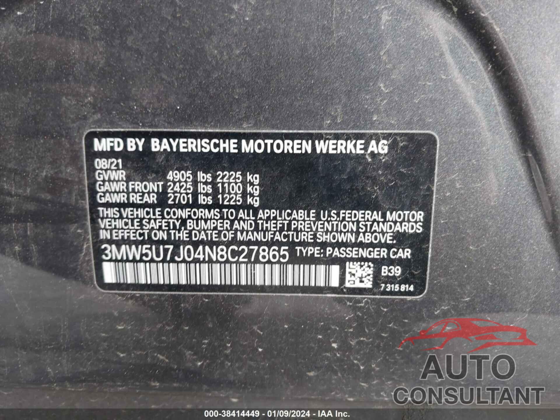 BMW 3 SERIES 2022 - 3MW5U7J04N8C27865