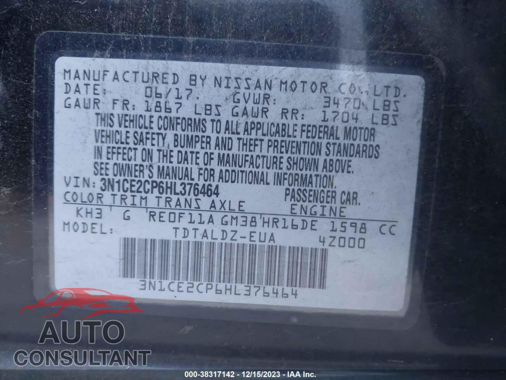 NISSAN VERSA NOTE 2017 - 3N1CE2CP6HL376464