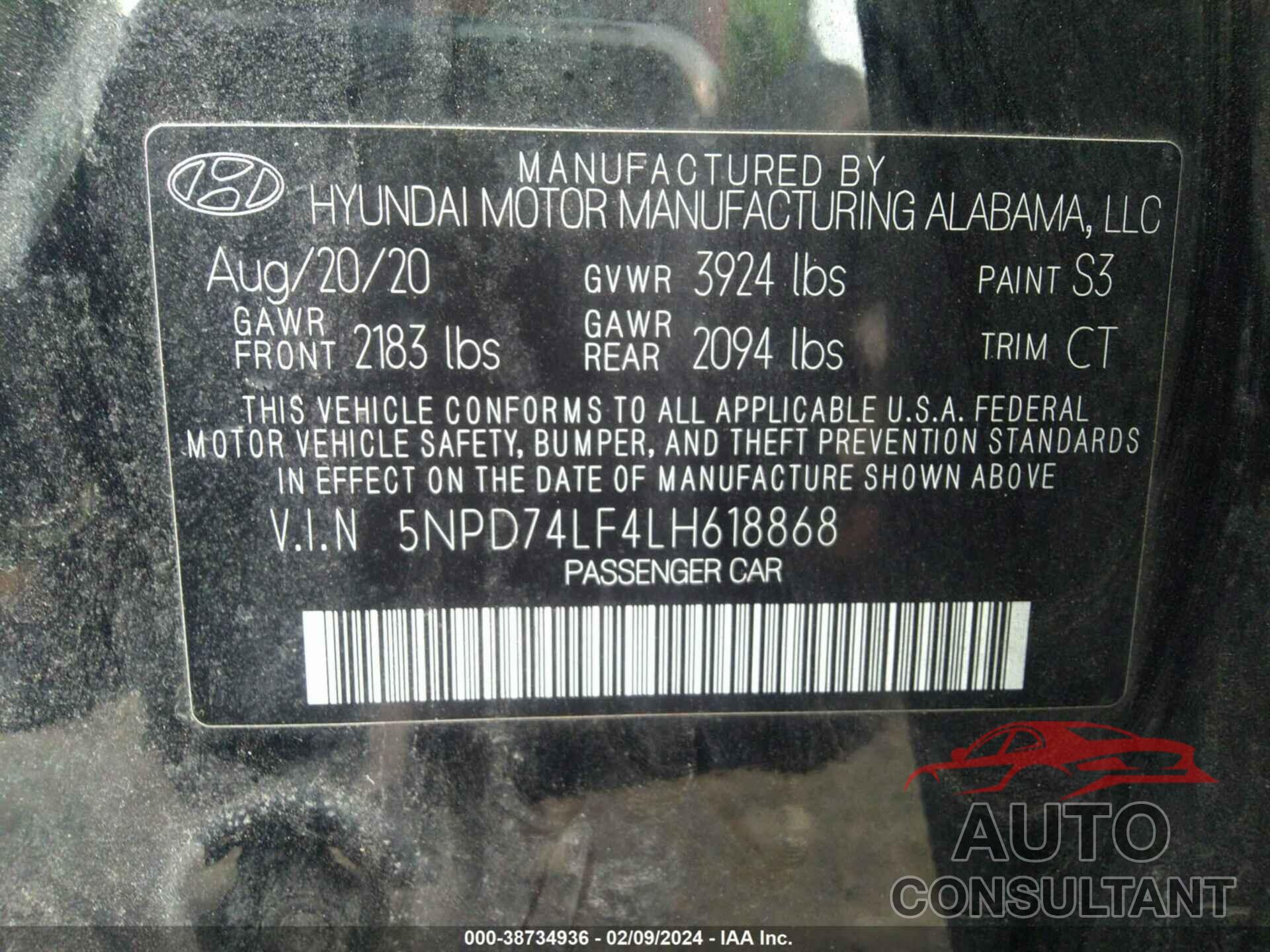 HYUNDAI ELANTRA 2020 - 5NPD74LF4LH618868