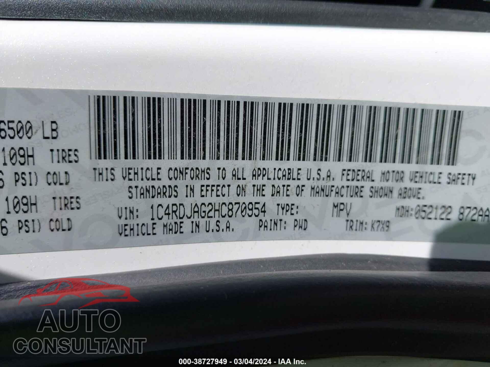 DODGE DURANGO 2017 - 1C4RDJAG2HC870954