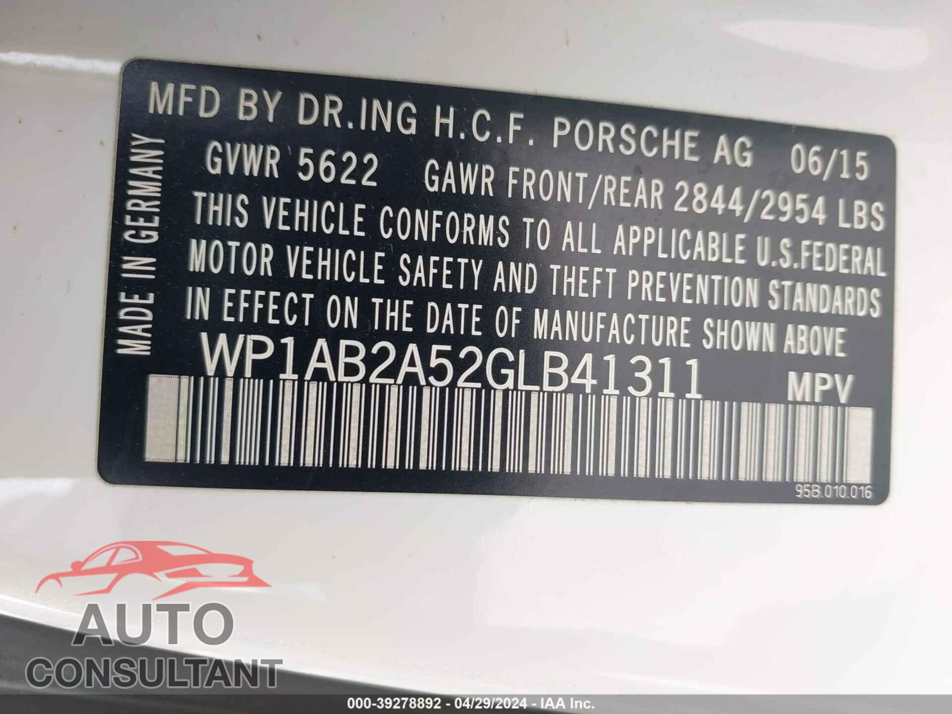 PORSCHE MACAN 2016 - WP1AB2A52GLB41311