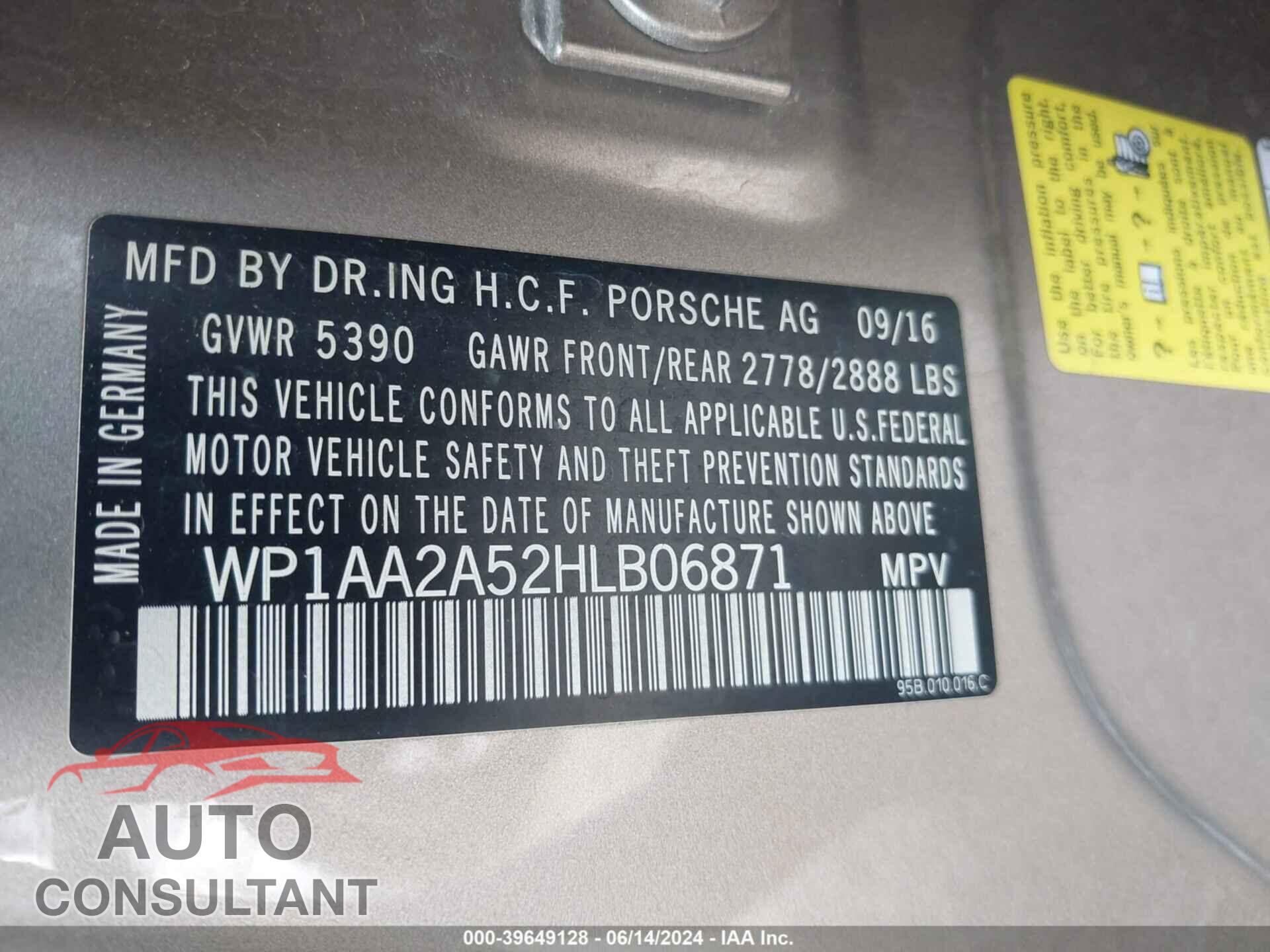 PORSCHE MACAN 2017 - WP1AA2A52HLB06871