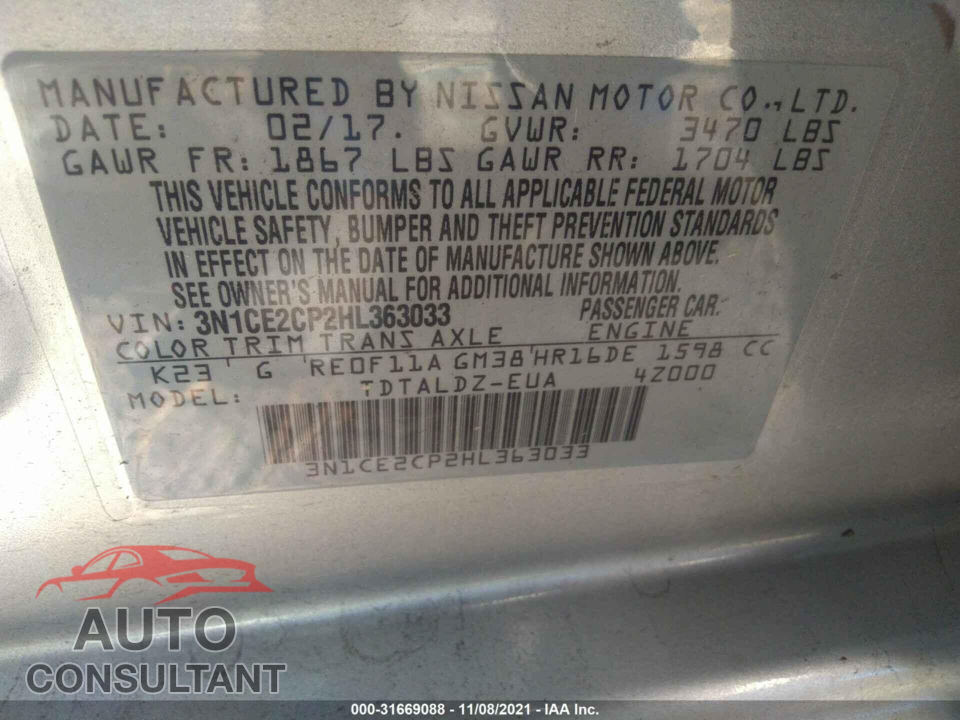 NISSAN VERSA NOTE 2017 - 3N1CE2CP2HL363033