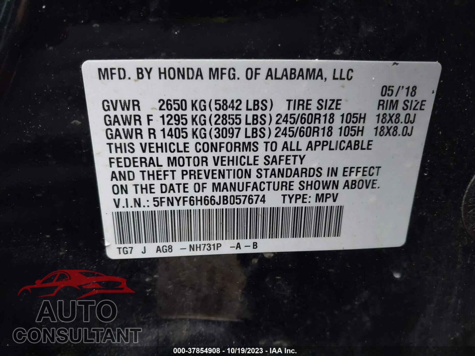 HONDA PILOT 2018 - 5FNYF6H66JB057674