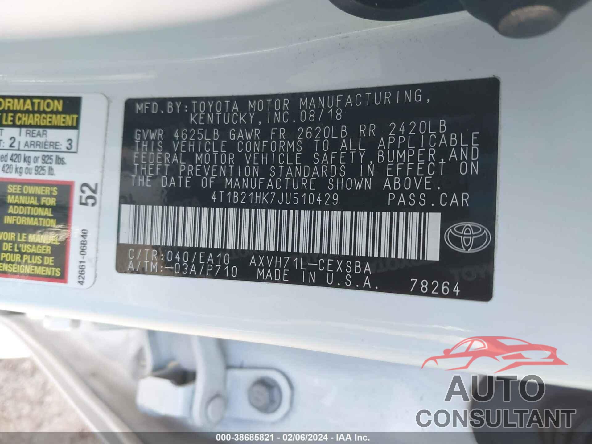 TOYOTA CAMRY HYBRID 2018 - 4T1B21HK7JU510429