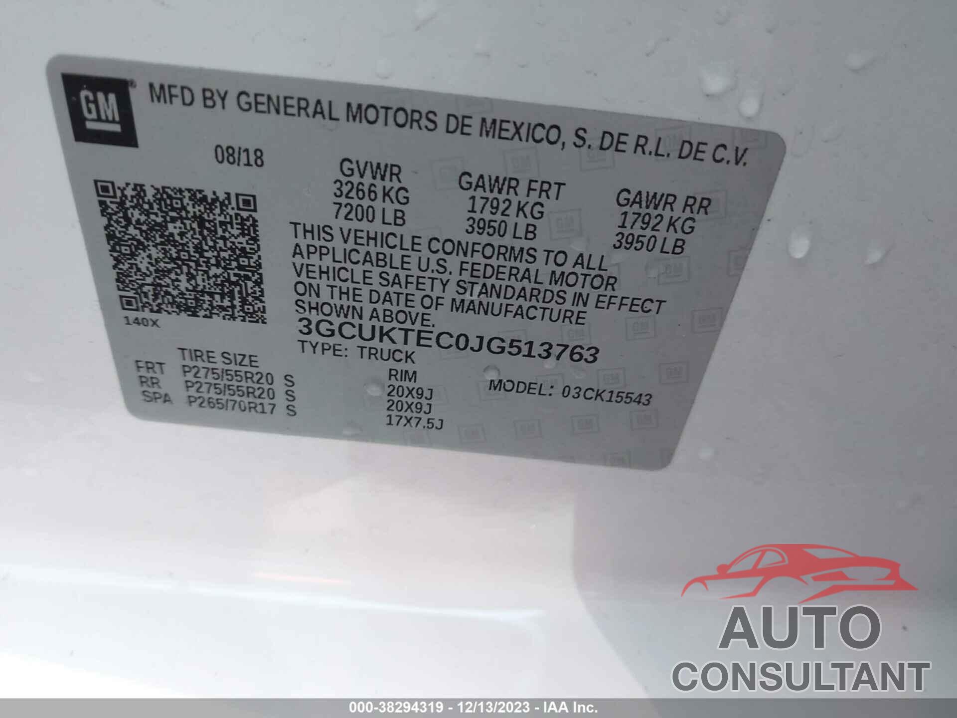 CHEVROLET SILVERADO 1500 2018 - 3GCUKTEC0JG513763