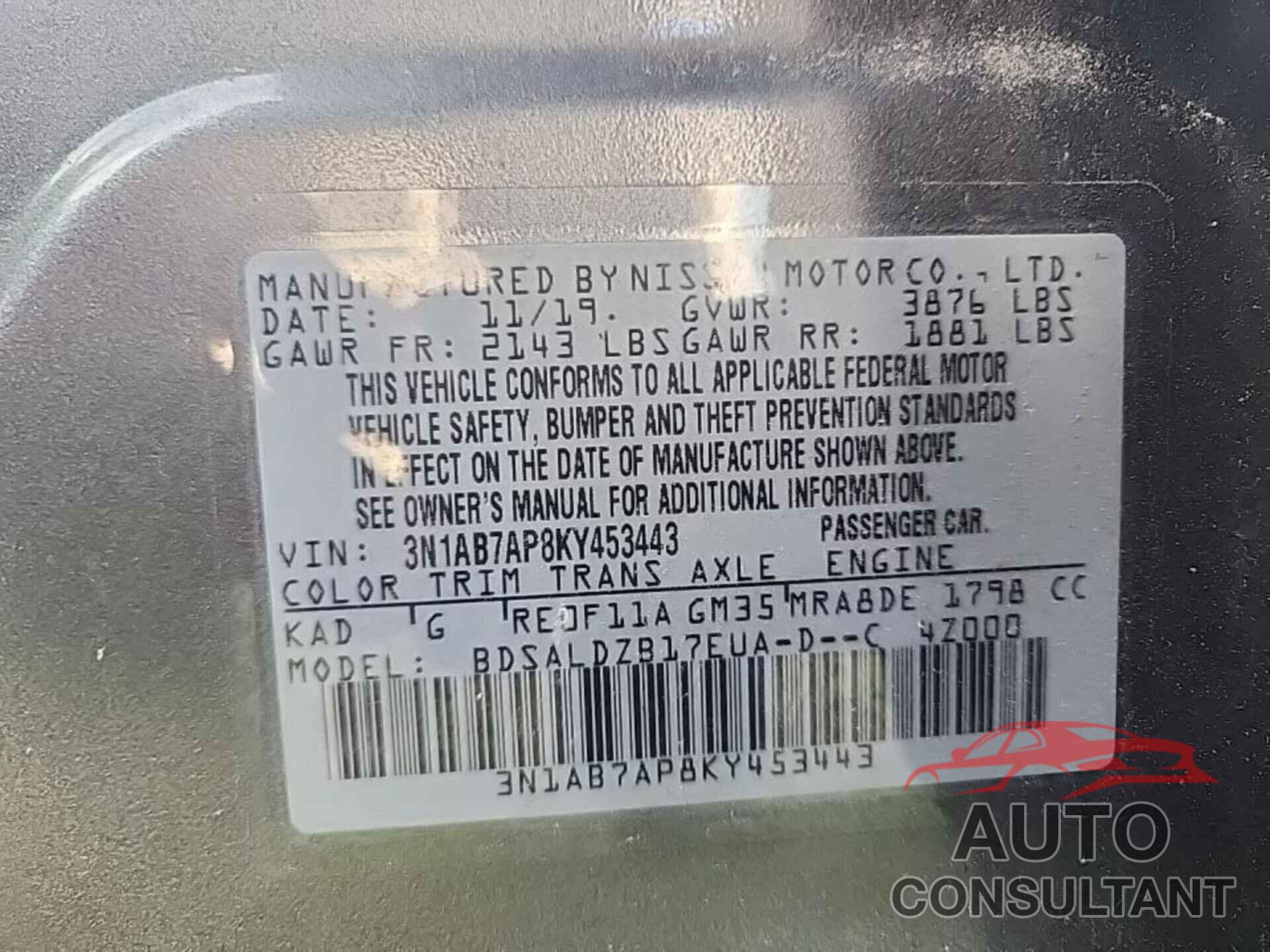 NISSAN SENTRA 2019 - 3N1AB7AP8KY453443