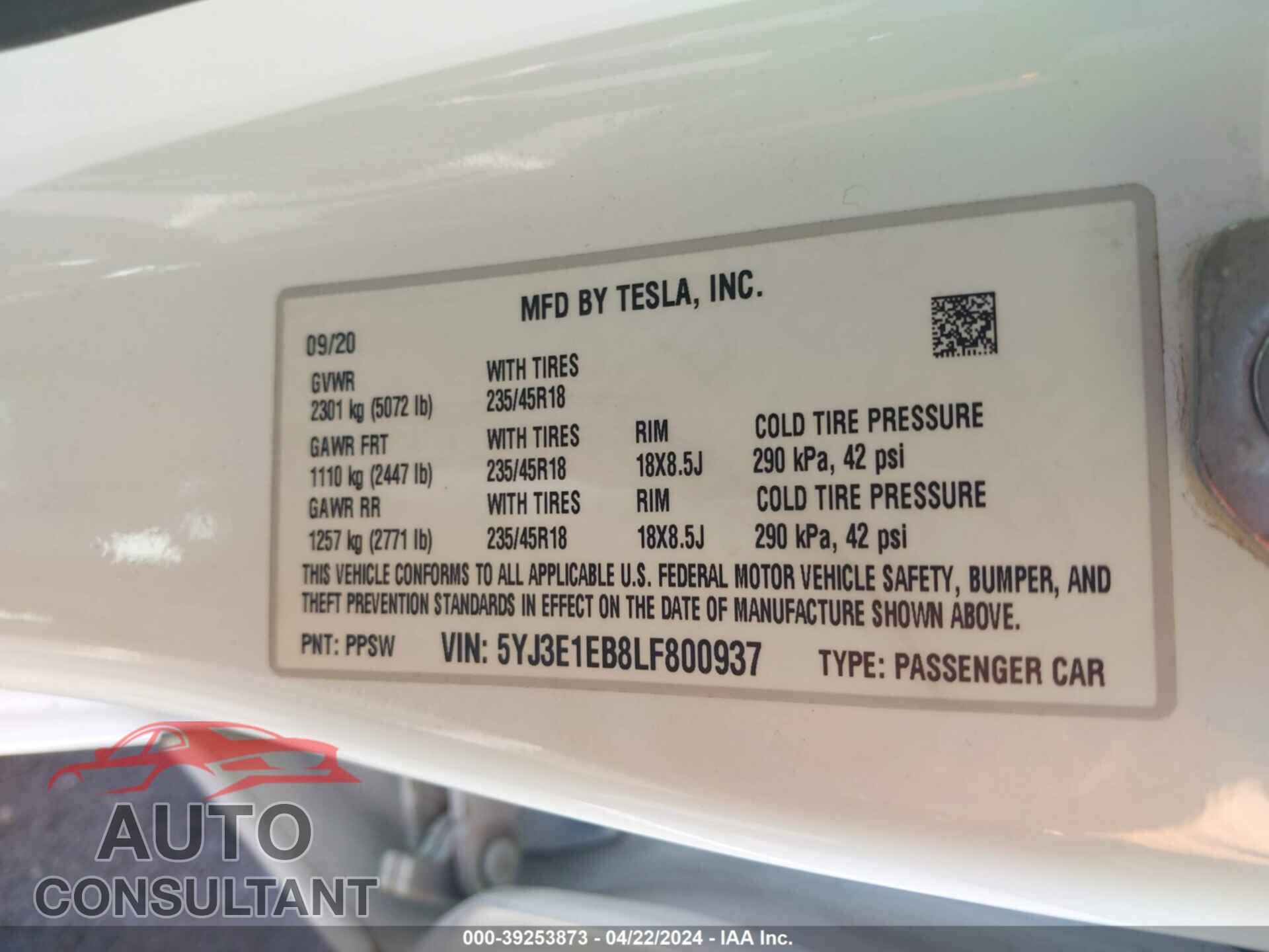 TESLA MODEL 3 2020 - 5YJ3E1EB8LF800937