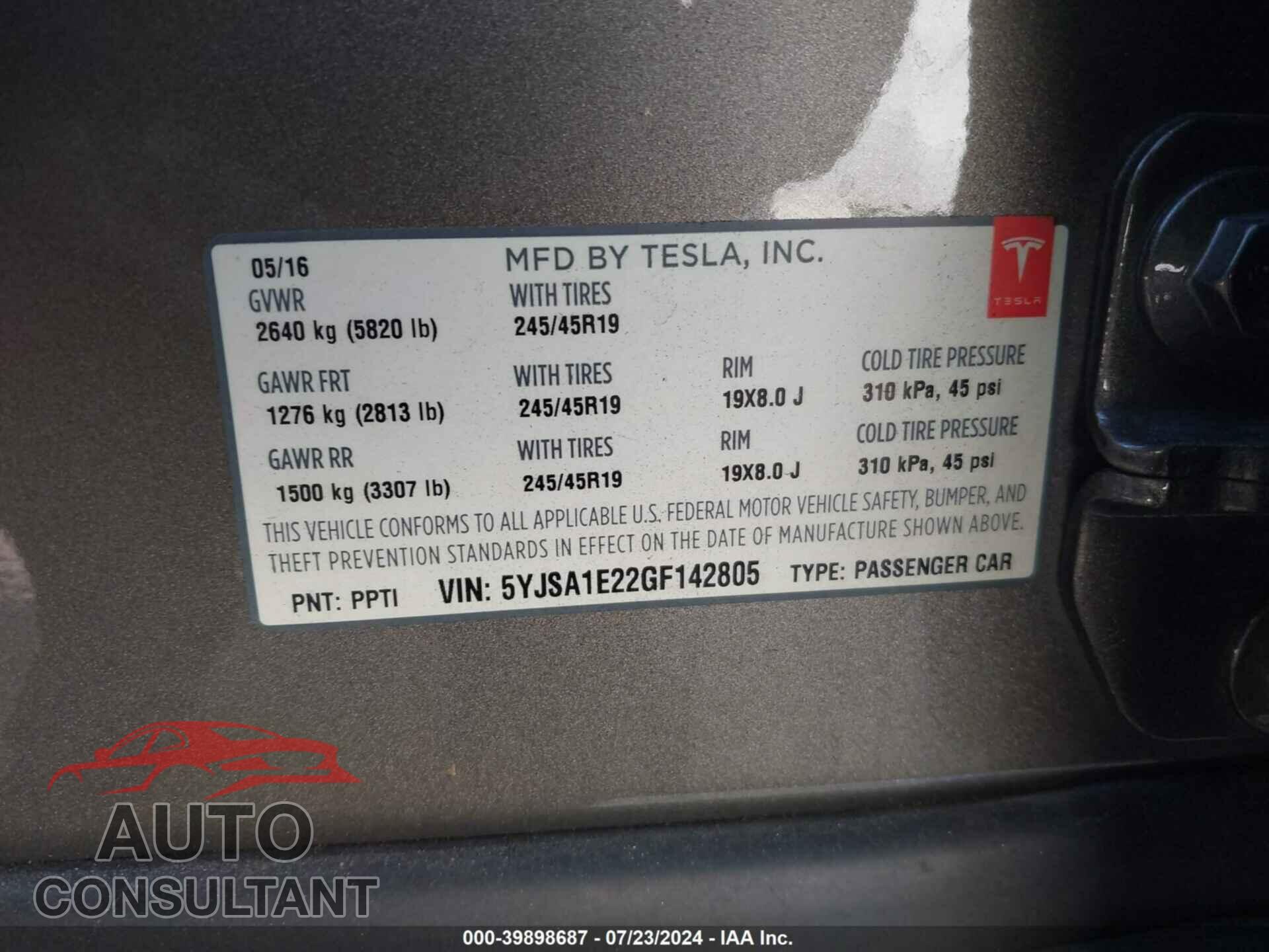 TESLA MODEL S 2016 - 5YJSA1E22GF142805