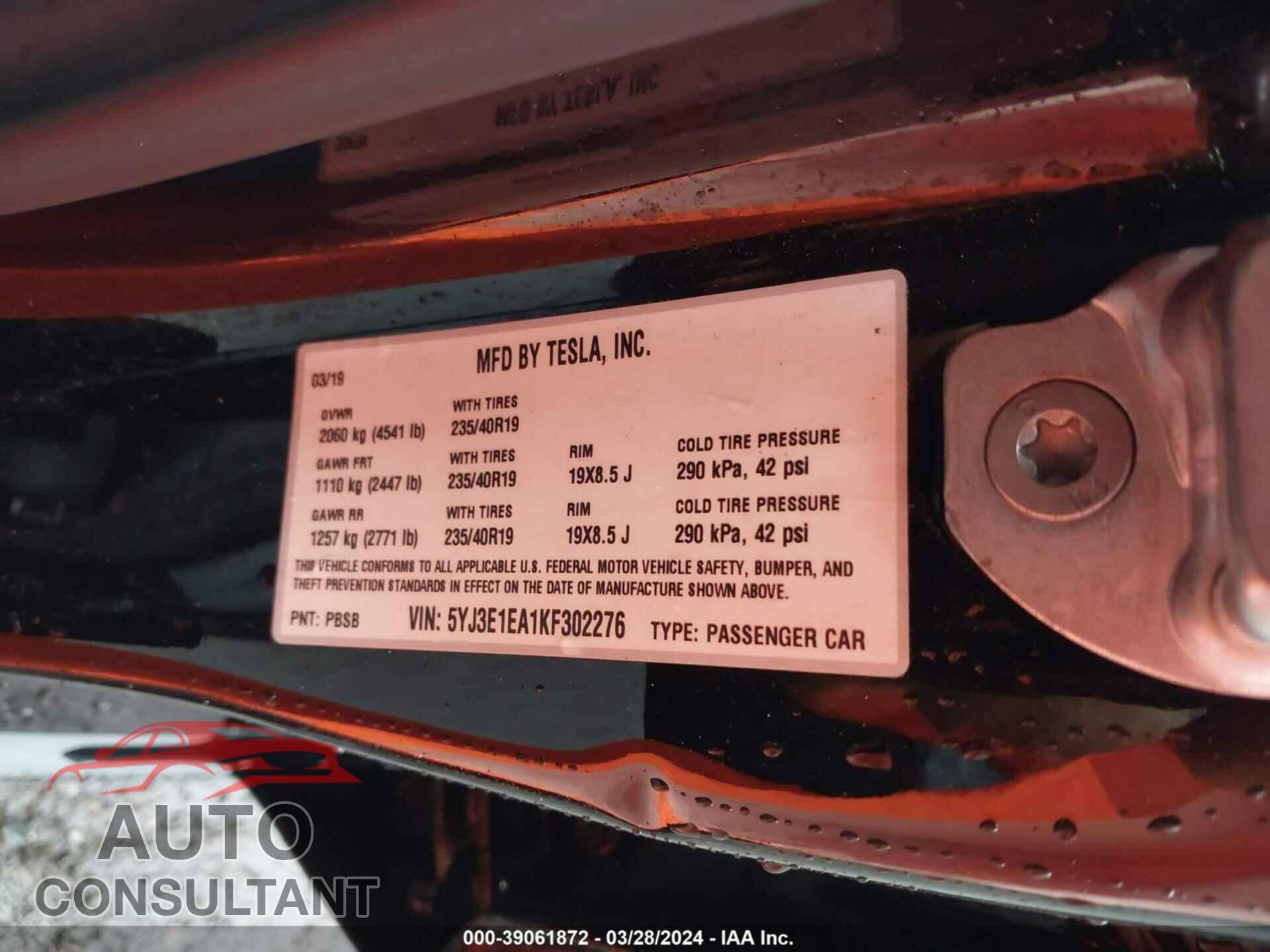 TESLA MODEL 3 2019 - 5YJ3E1EA1KF302276