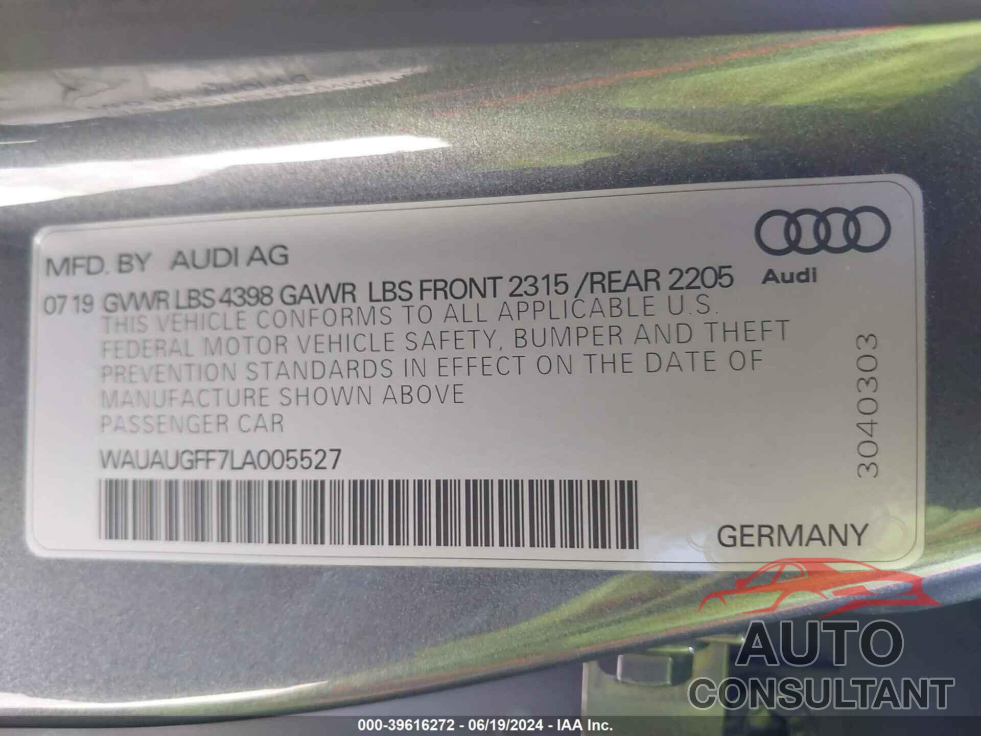 AUDI A3 2020 - WAUAUGFF7LA005527