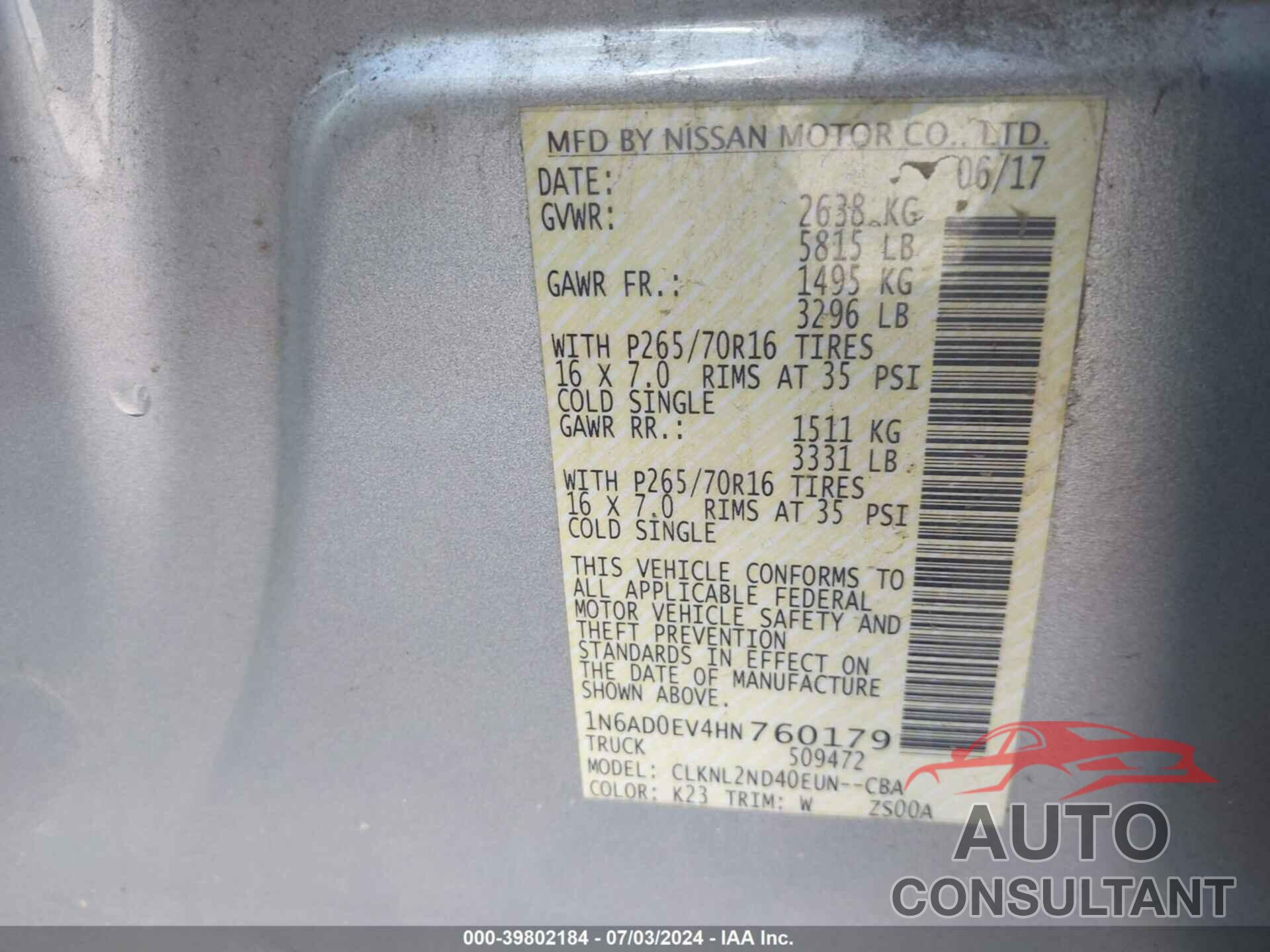 NISSAN FRONTIER 2017 - 1N6AD0EV4HN760179