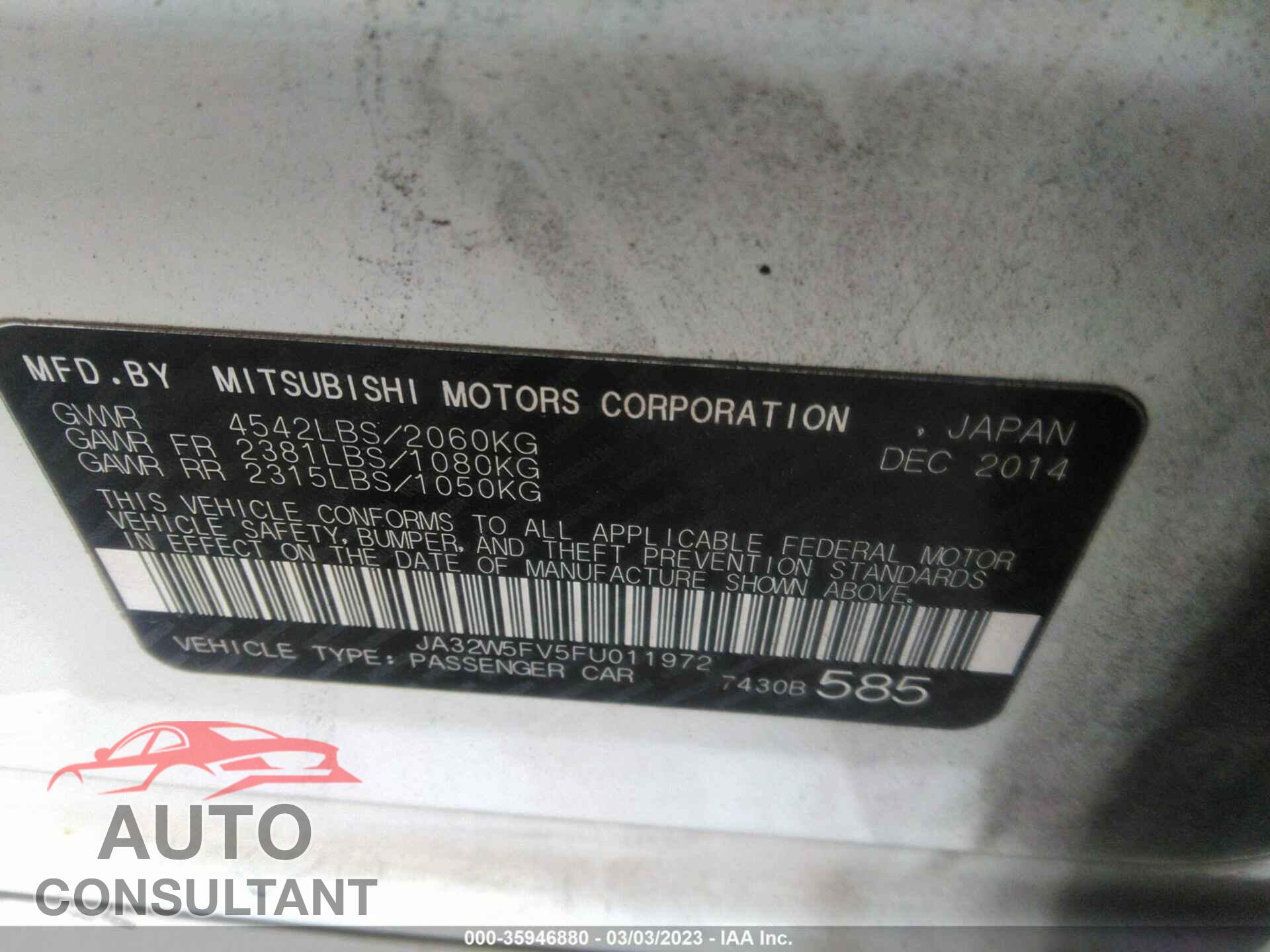 MITSUBISHI LANCER EVOLUTION 2015 - JA32W5FV5FU011972