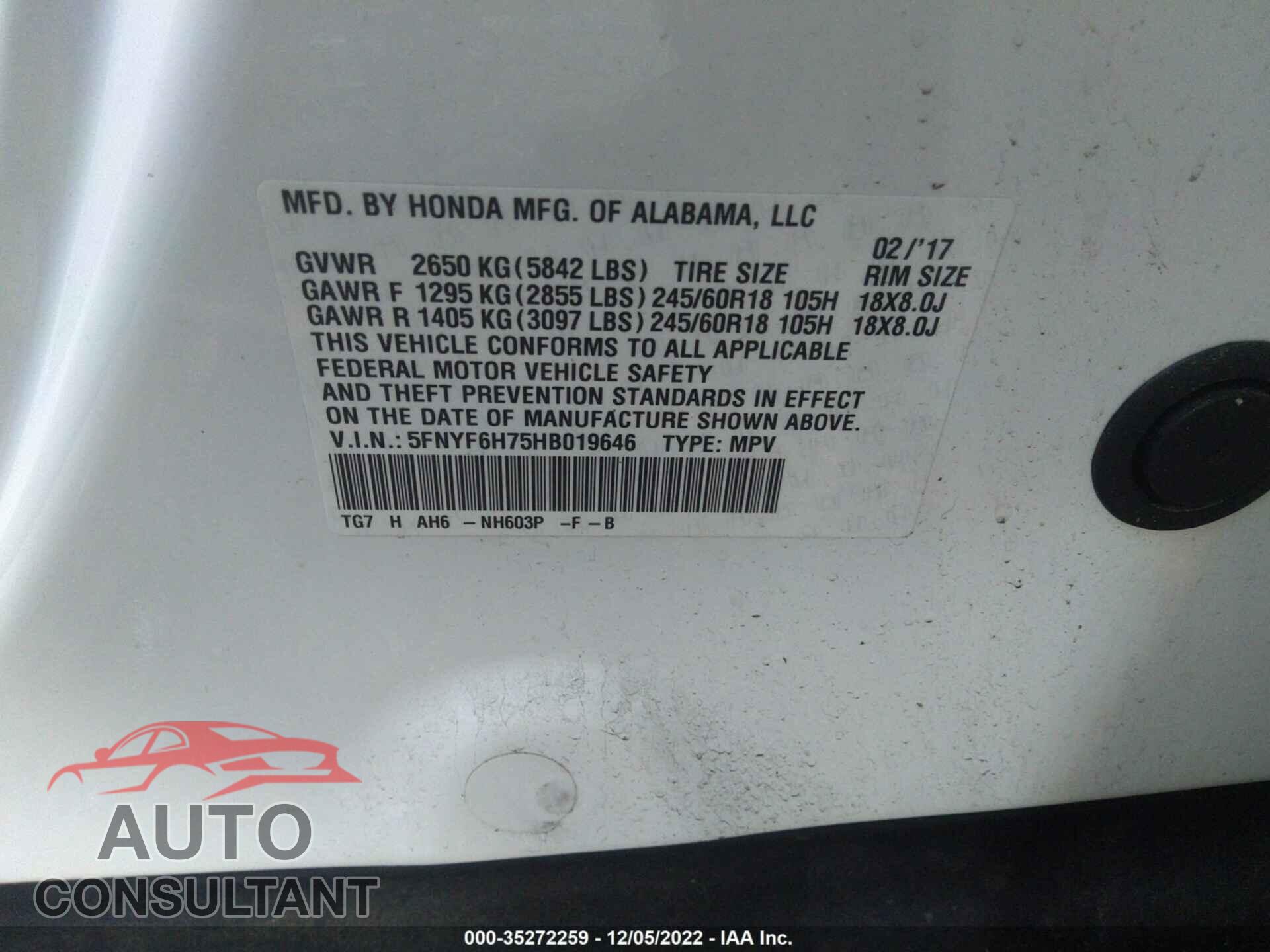 HONDA PILOT 2017 - 5FNYF6H75HB019646