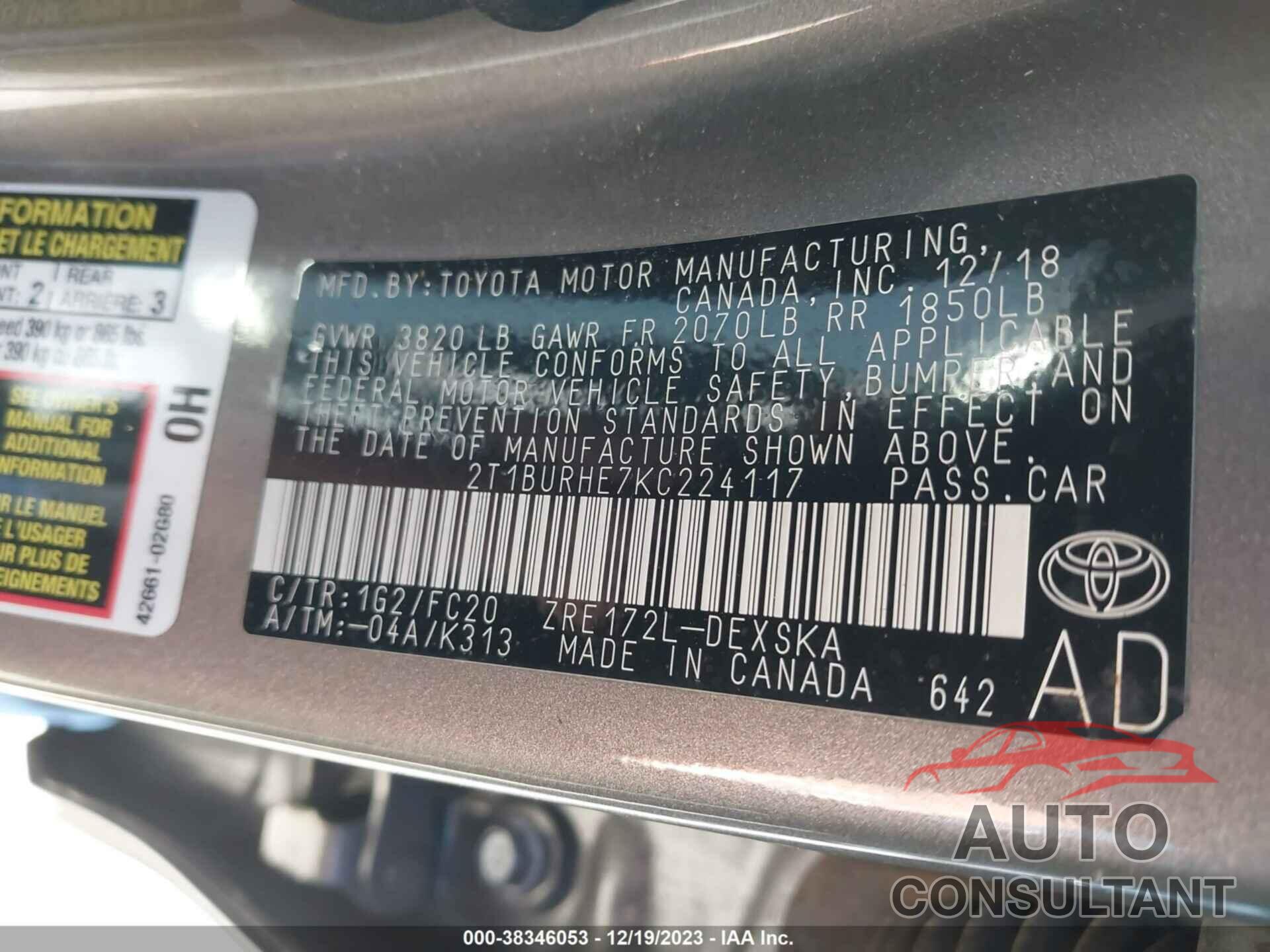 TOYOTA COROLLA 2019 - 2T1BURHE7KC224117