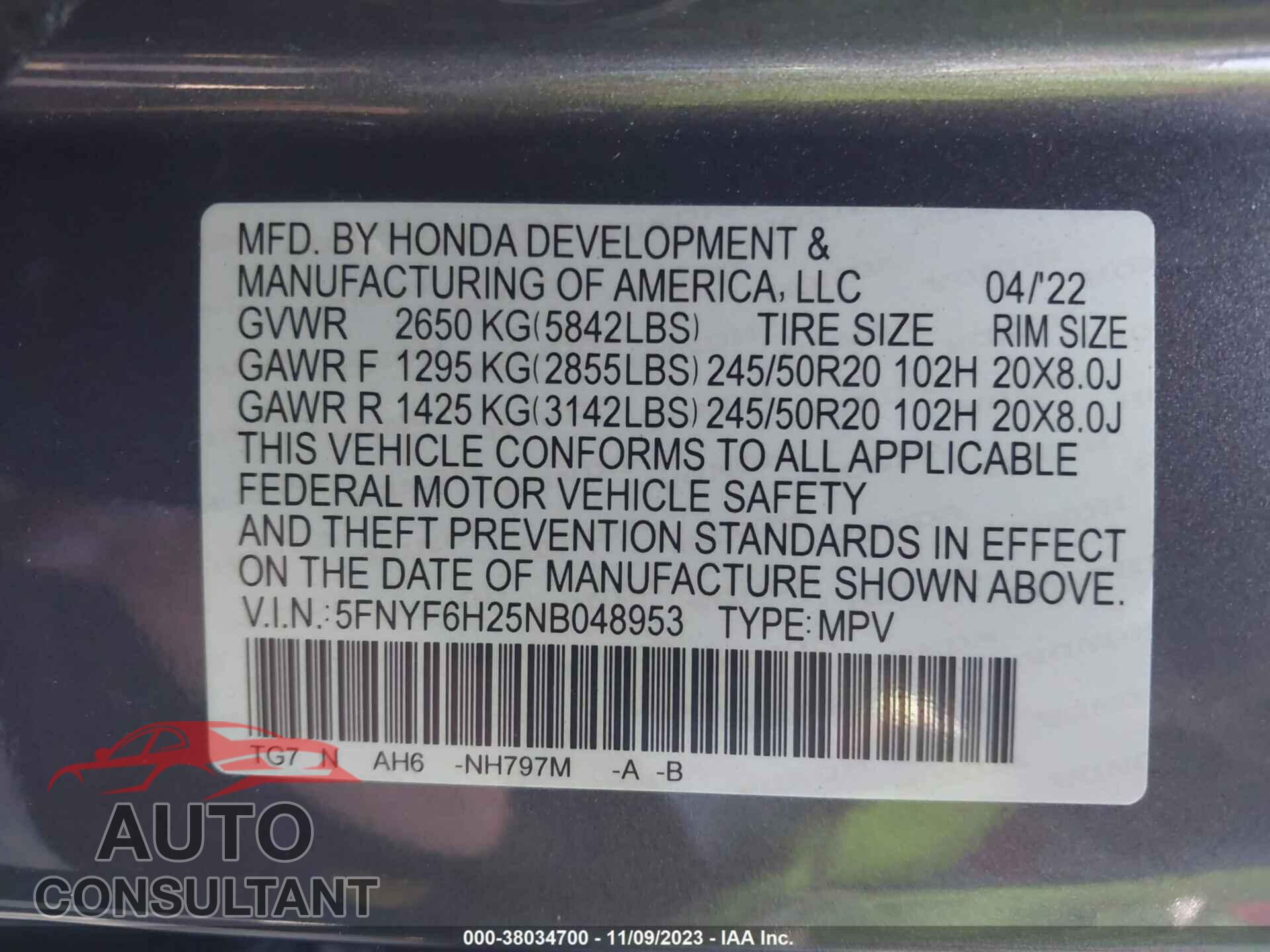 HONDA PILOT 2022 - 5FNYF6H25NB048953