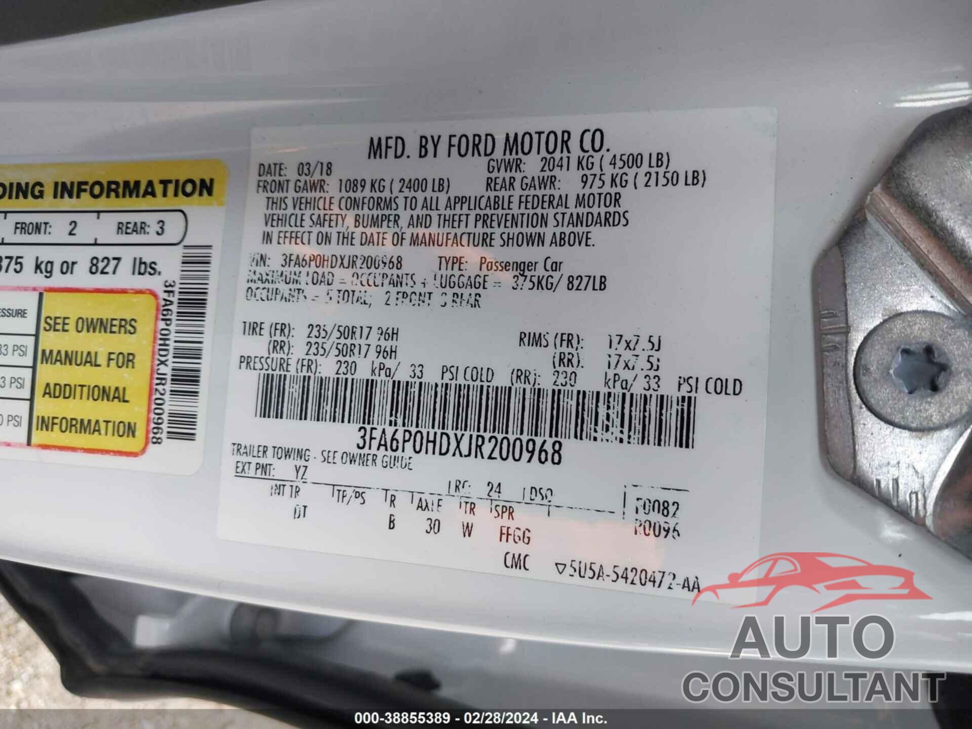 FORD FUSION 2018 - 3FA6P0HDXJR200968