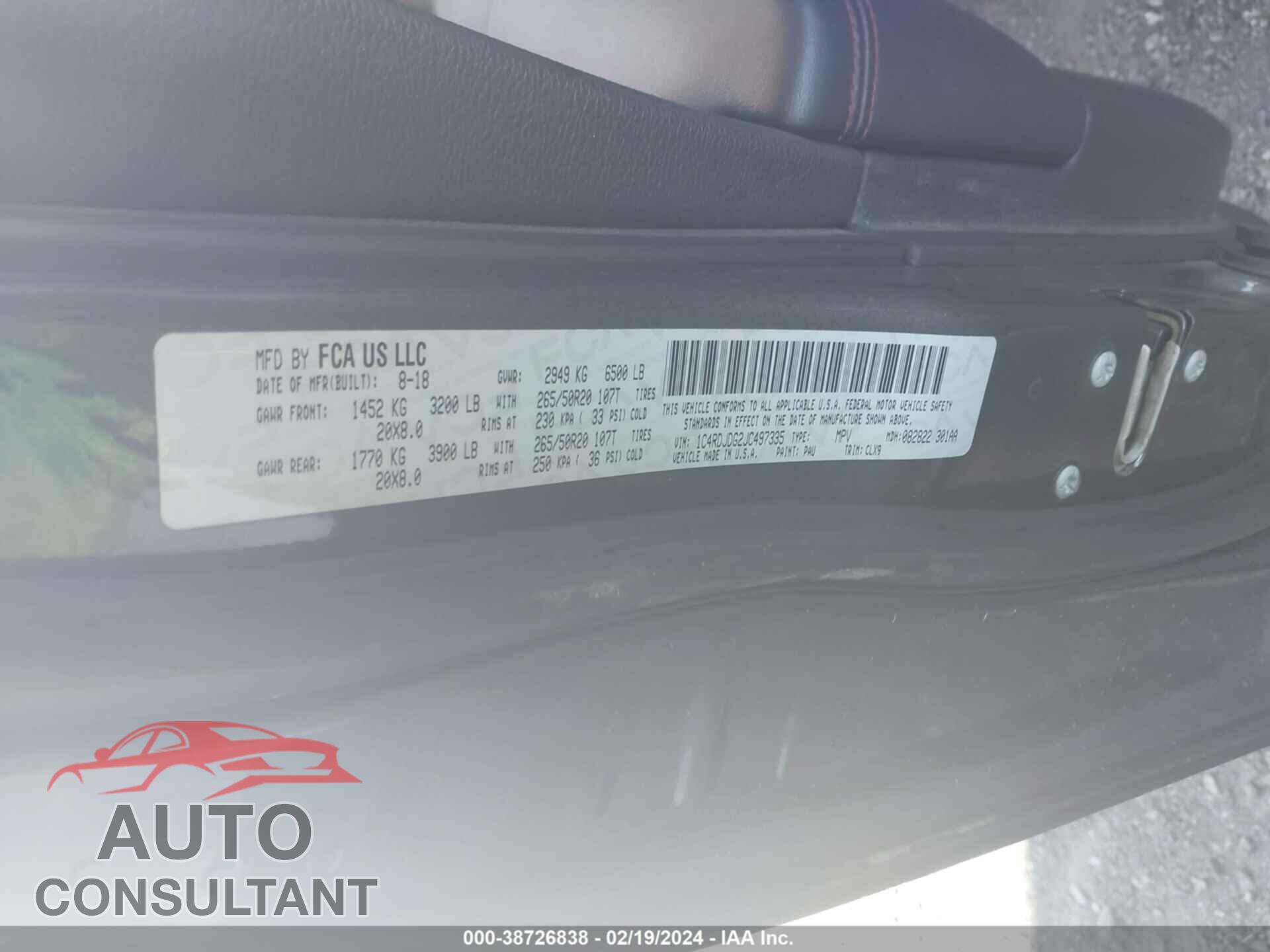 DODGE DURANGO 2018 - 1C4RDJDG2JC497335