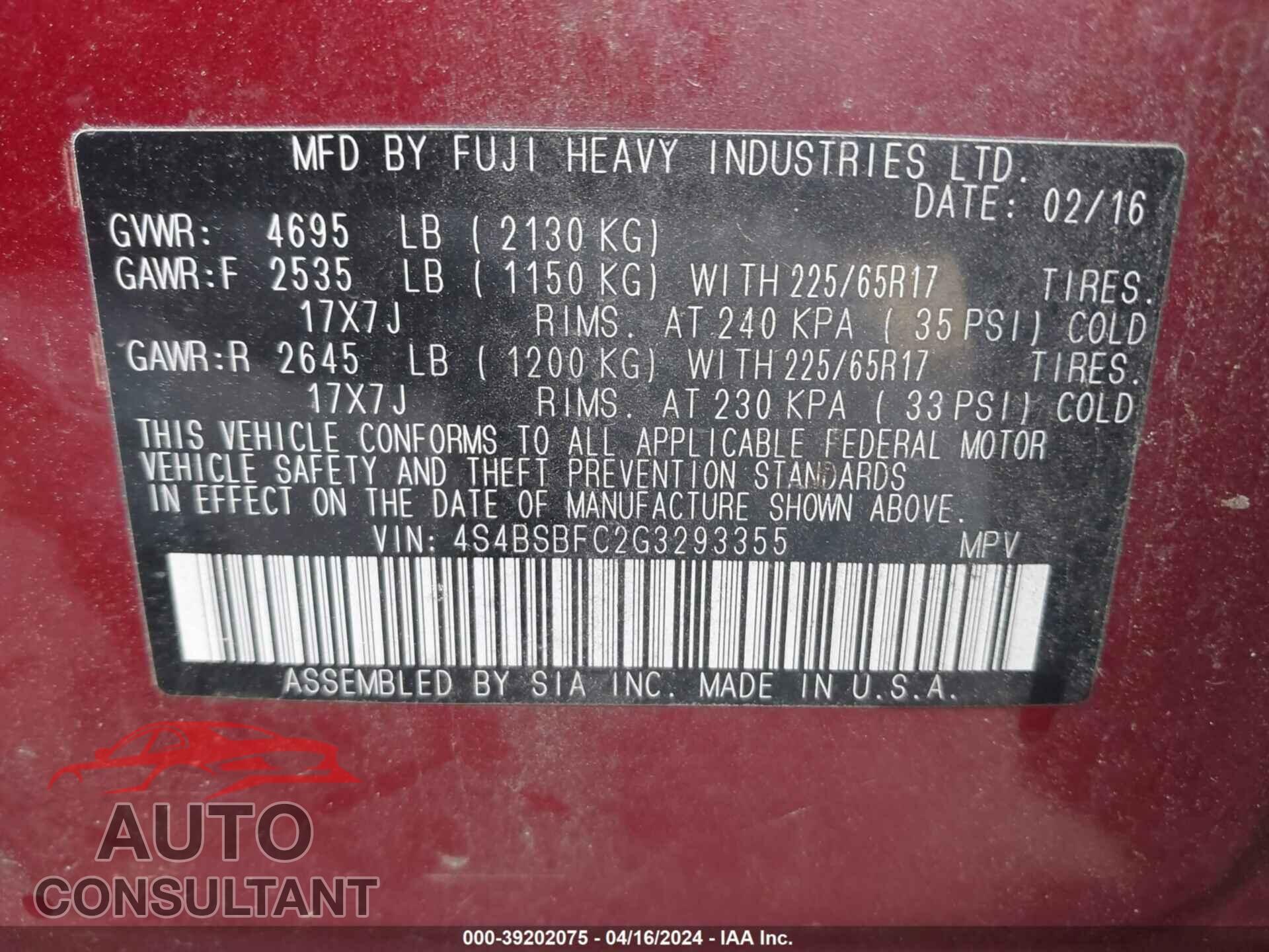 SUBARU OUTBACK 2016 - 4S4BSBFC2G3293355