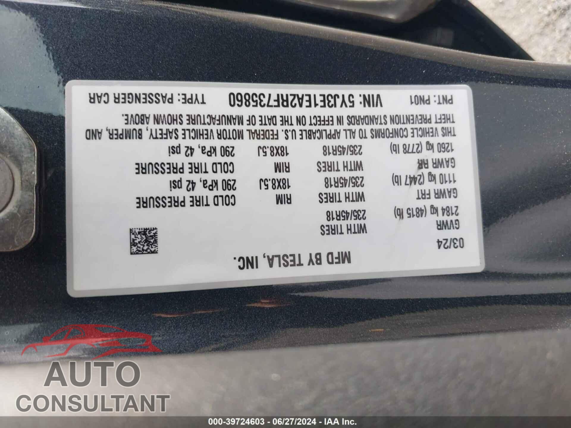 TESLA MODEL 3 2024 - 5YJ3E1EA2RF735860