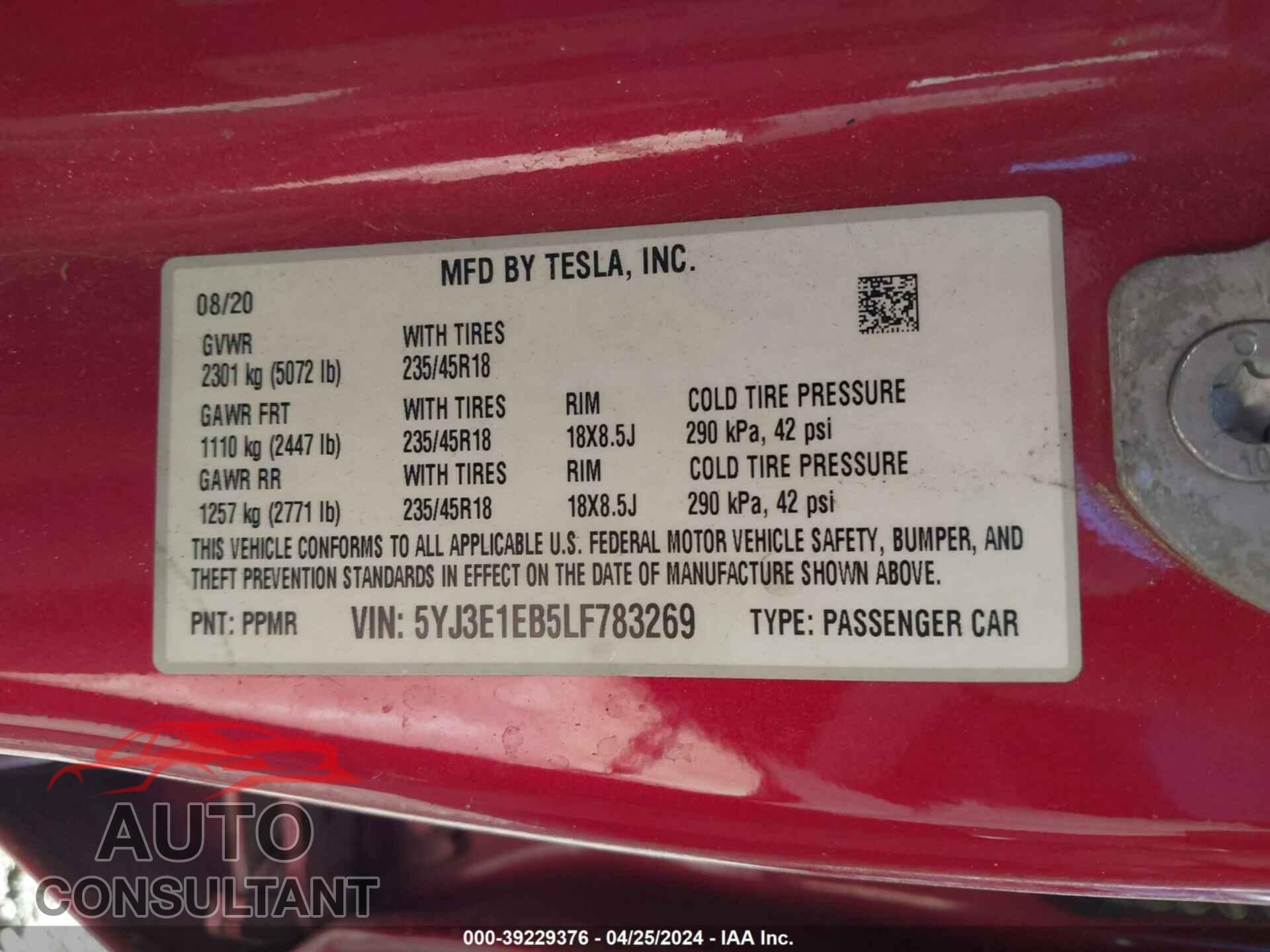 TESLA MODEL 3 2020 - 5YJ3E1EB5LF783269