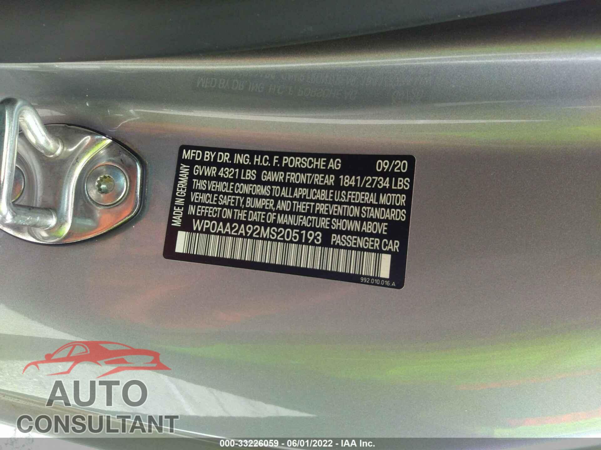PORSCHE 911 2021 - WP0AA2A92MS205193