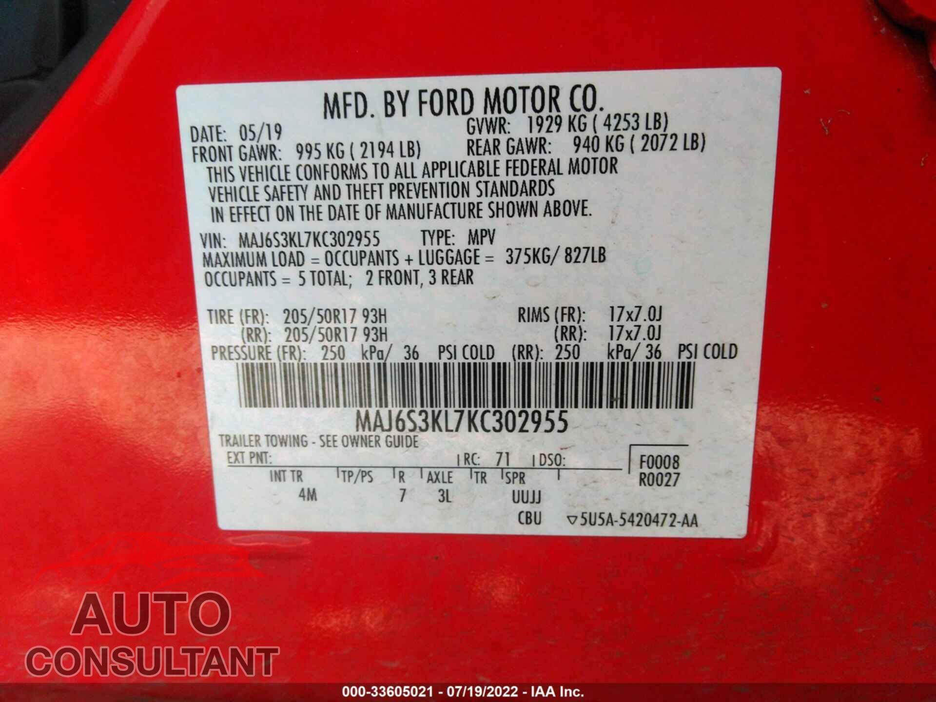 FORD ECOSPORT 2019 - MAJ6S3KL7KC302955