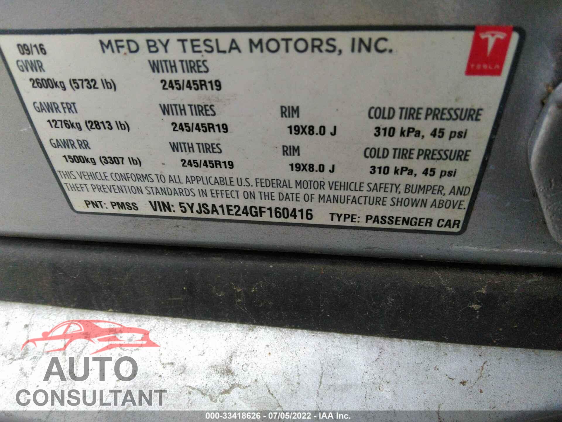 TESLA MODEL S 2016 - 5YJSA1E24GF160416