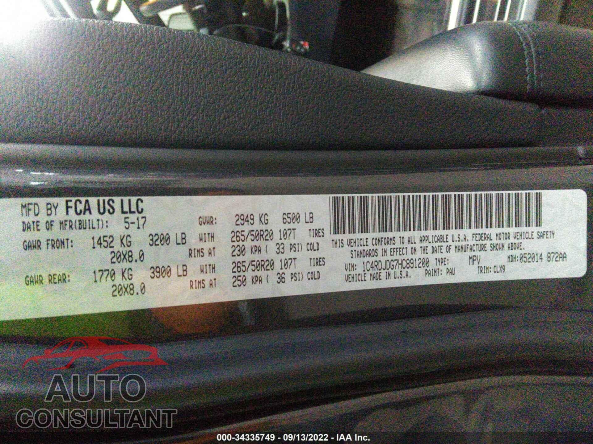 DODGE DURANGO 2017 - 1C4RDJDG7HC891200