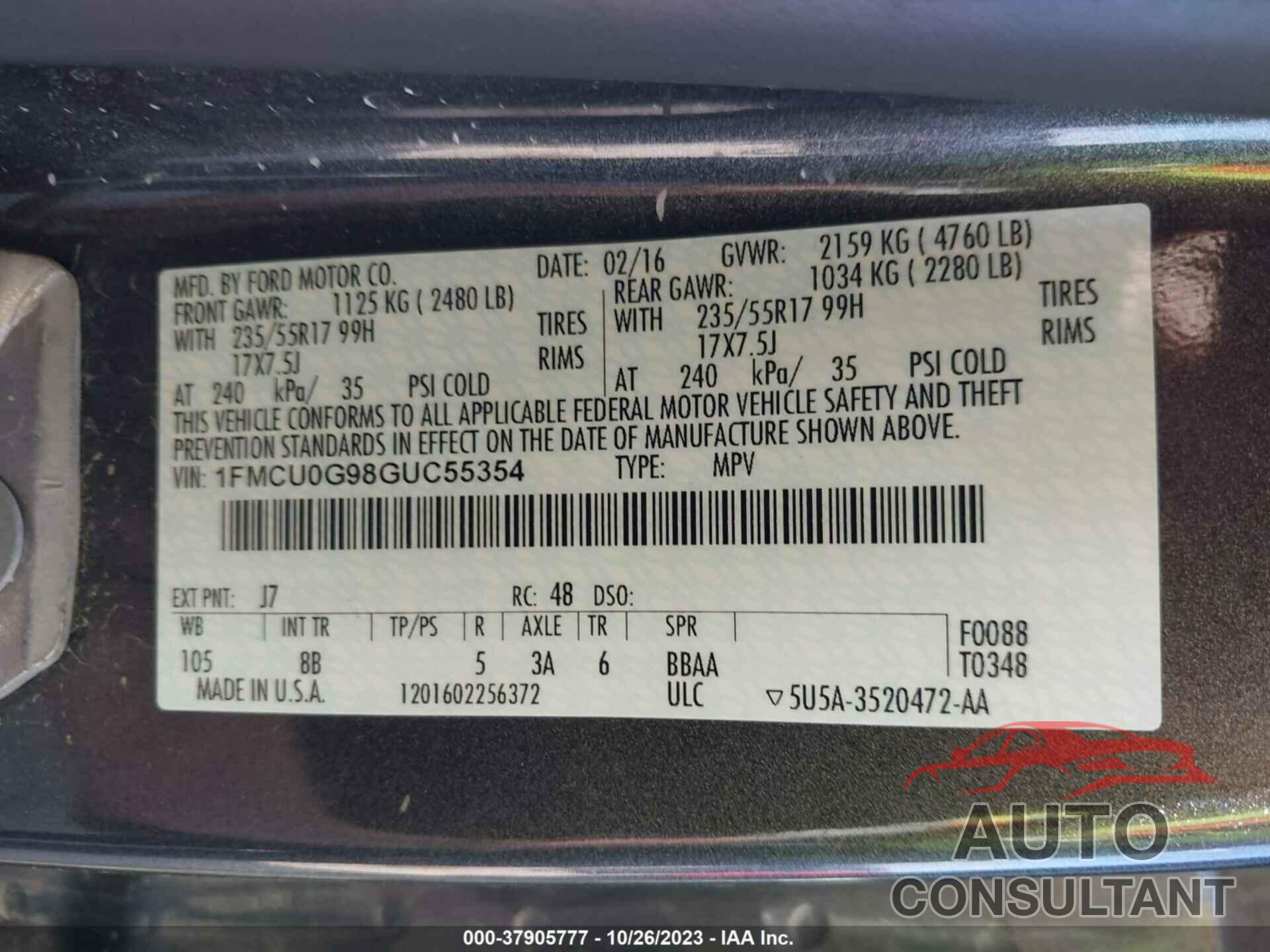 FORD ESCAPE 2016 - 1FMCU0G98GUC55354