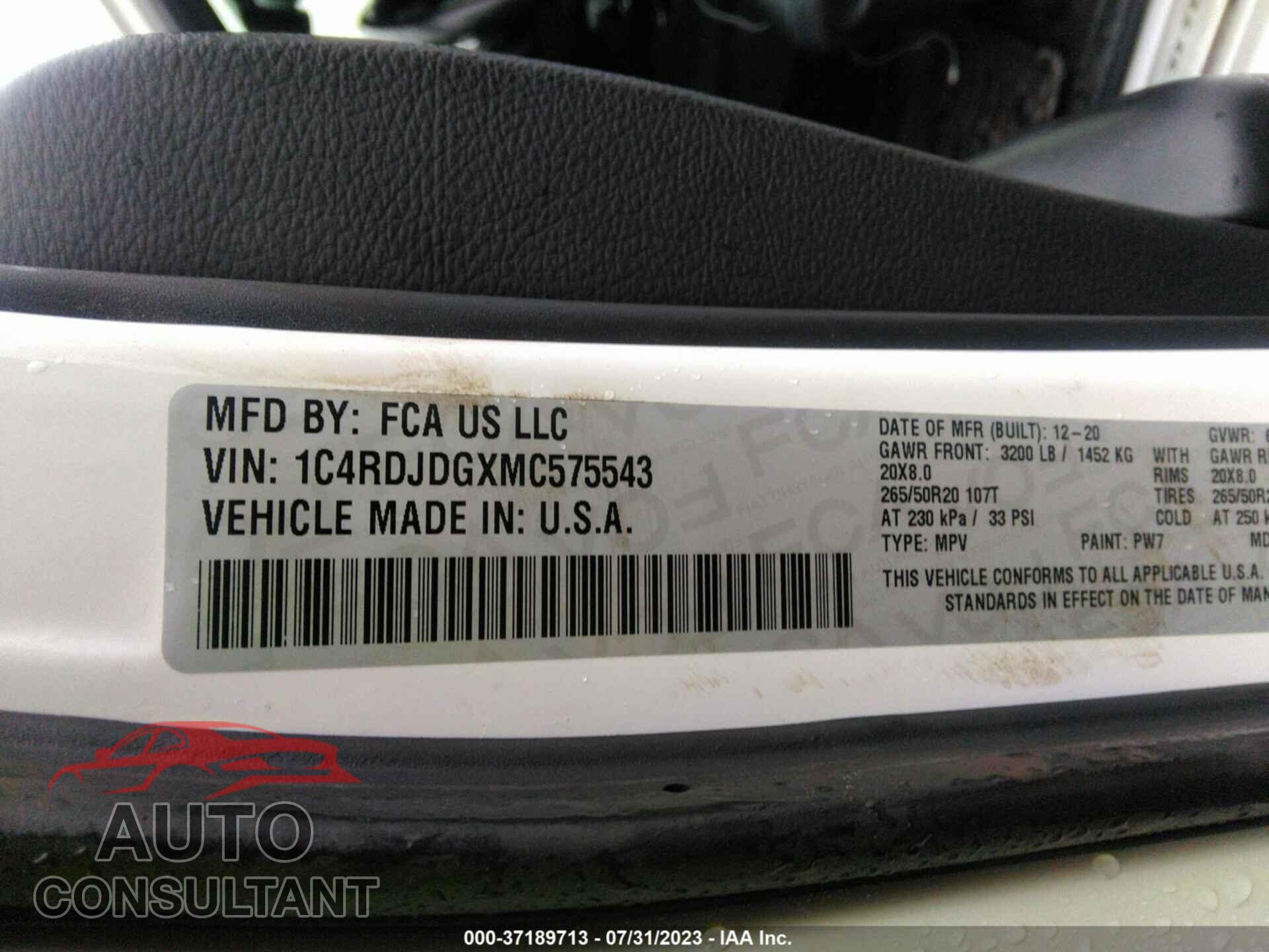 DODGE DURANGO 2021 - 1C4RDJDGXMC575543