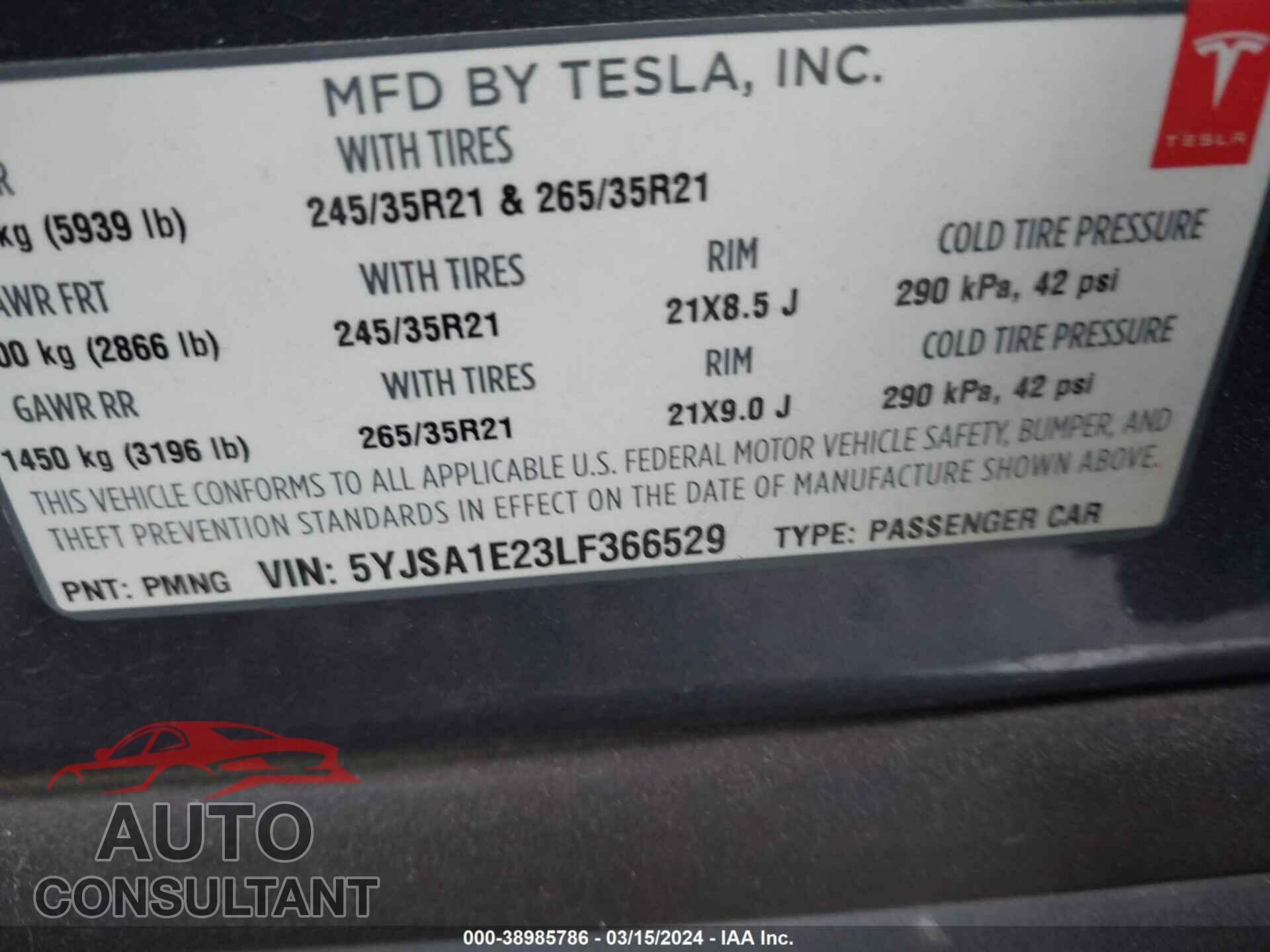 TESLA MODEL S 2020 - 5YJSA1E23LF366529