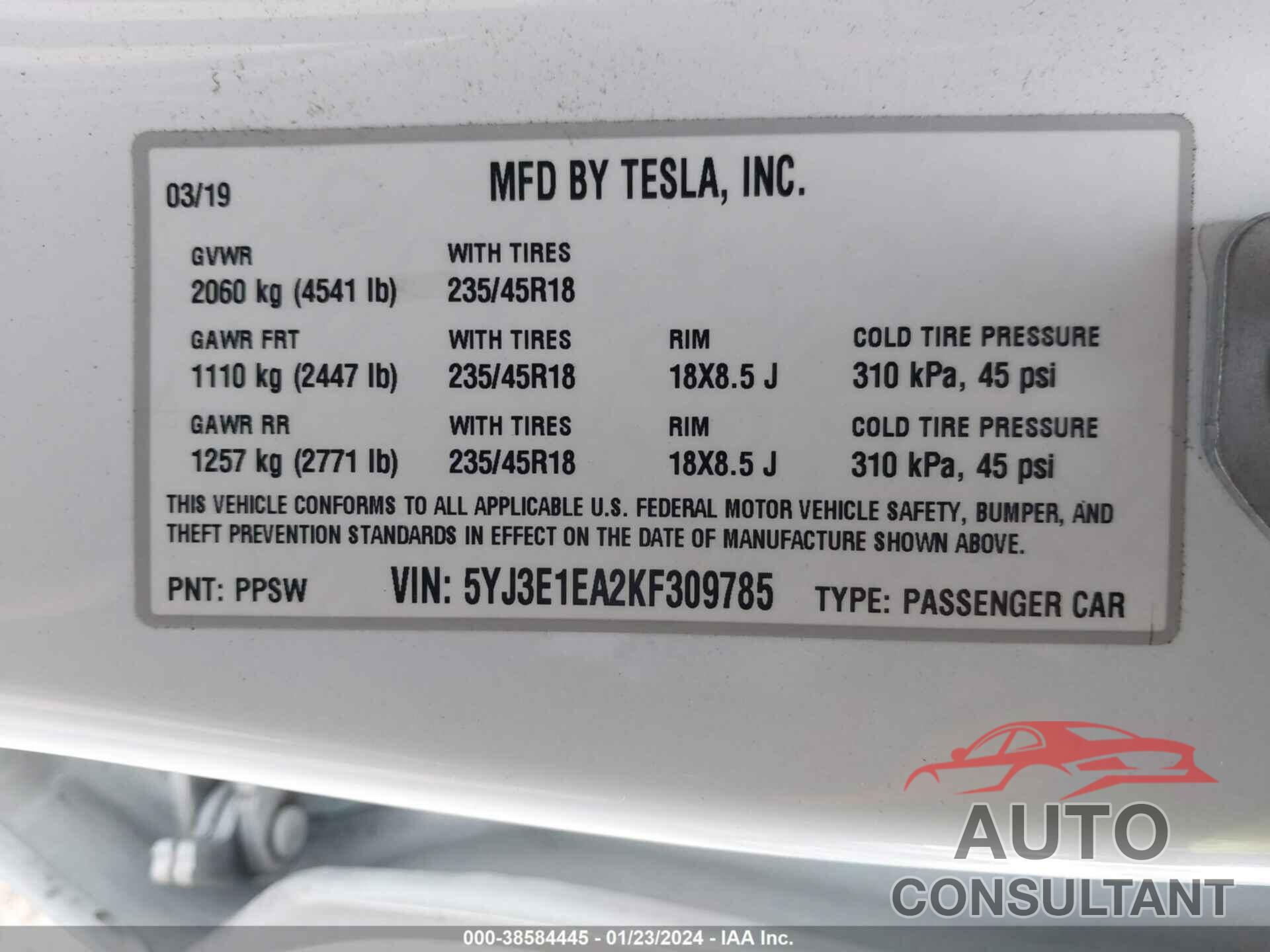 TESLA MODEL 3 2019 - 5YJ3E1EA2KF309785