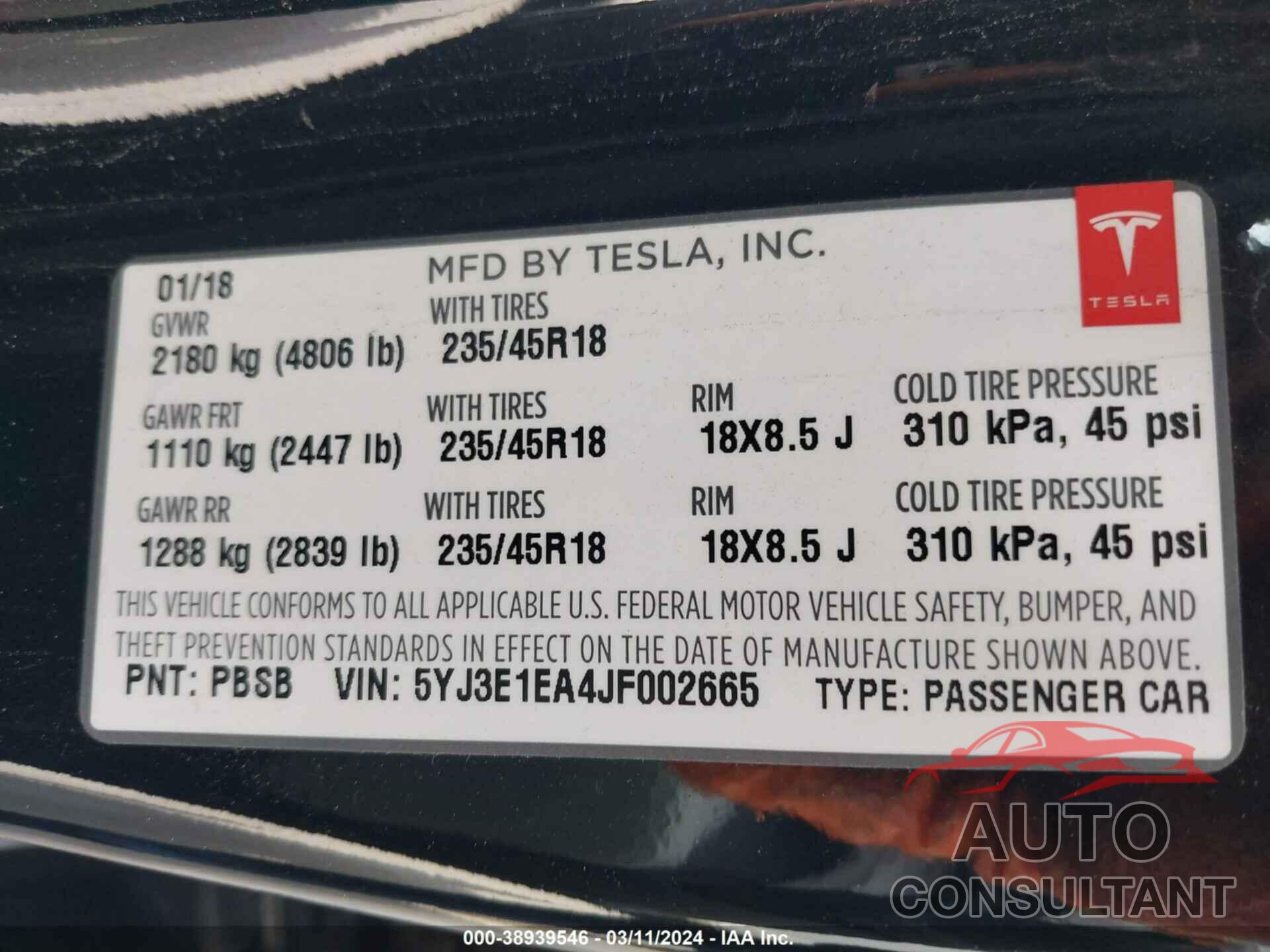 TESLA MODEL 3 2018 - 5YJ3E1EA4JF002665