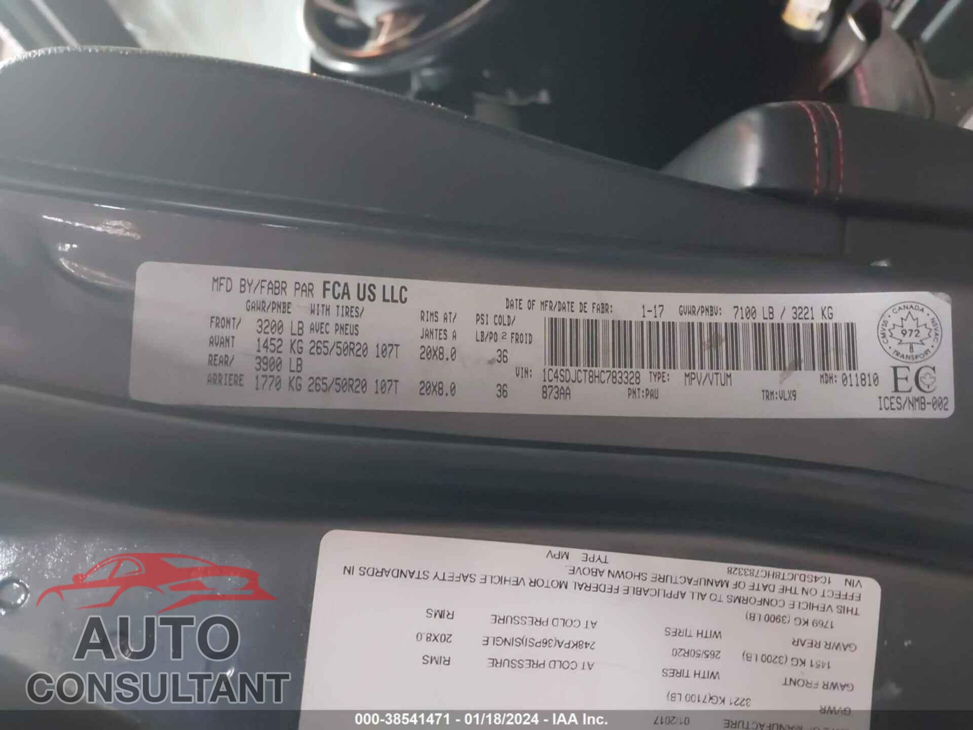 DODGE DURANGO 2017 - 1C4SDJCT8HC783328