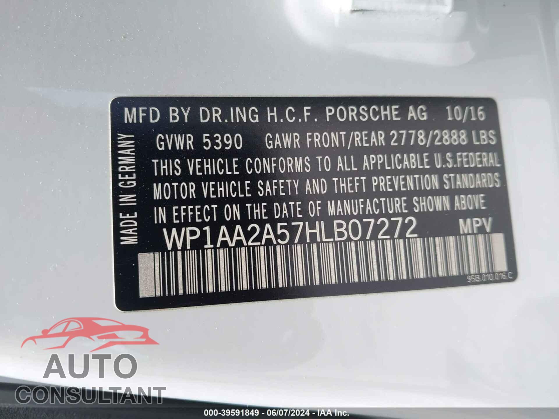 PORSCHE MACAN 2017 - WP1AA2A57HLB07272