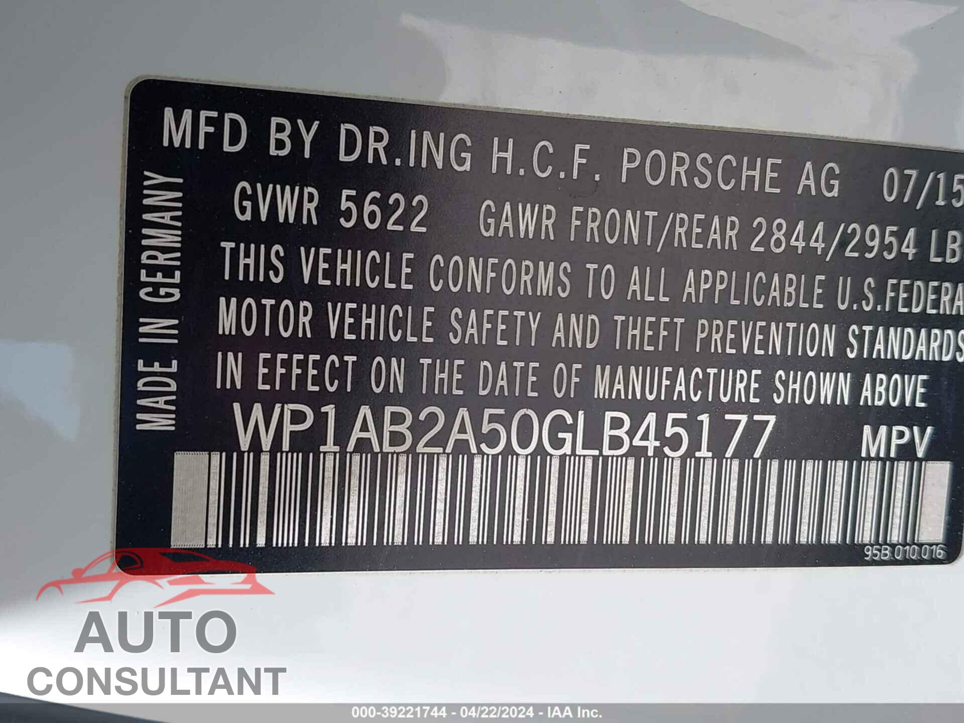 PORSCHE MACAN 2016 - WP1AB2A50GLB45177