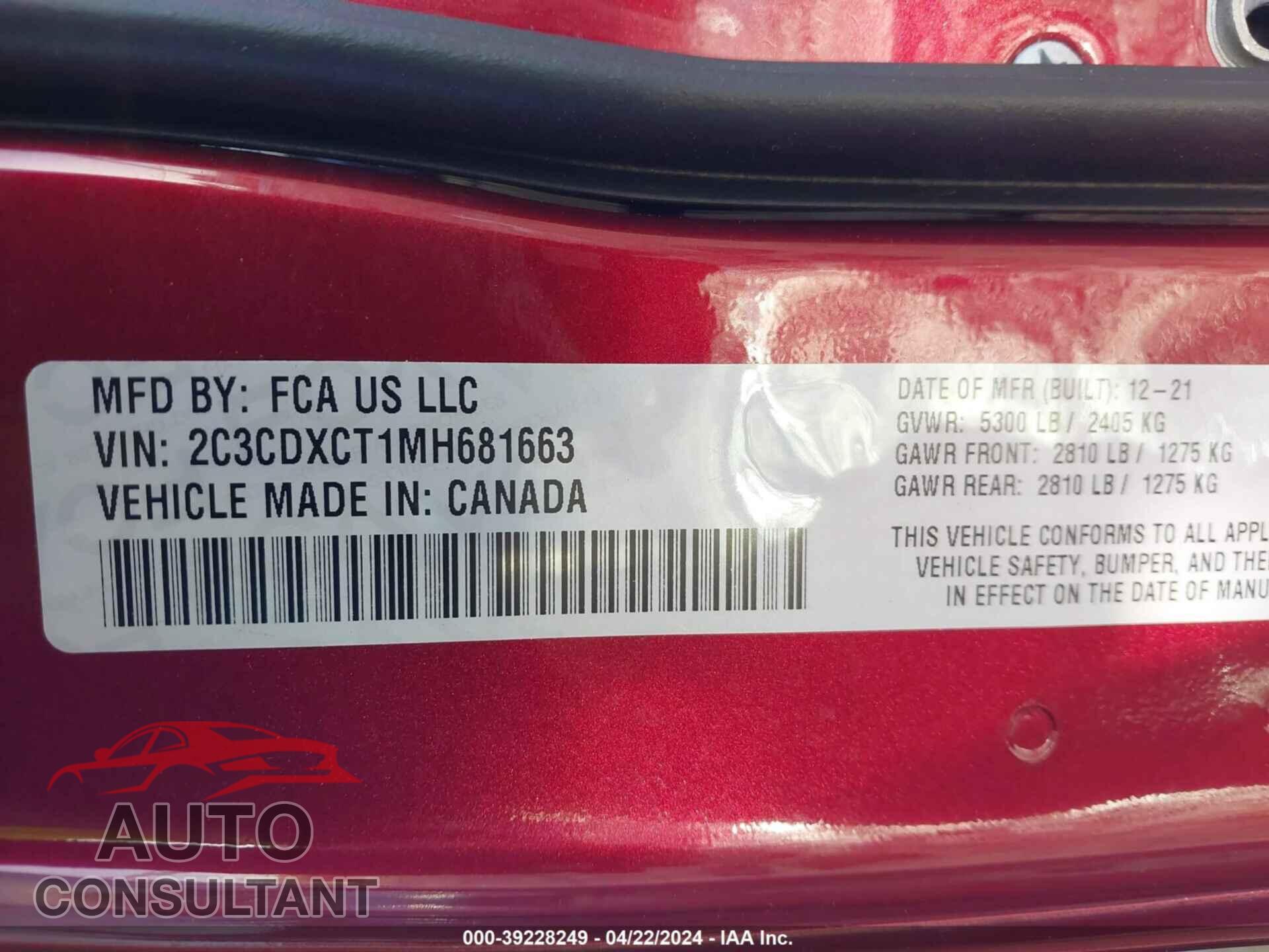 DODGE CHARGER 2021 - 2C3CDXCT1MH681663