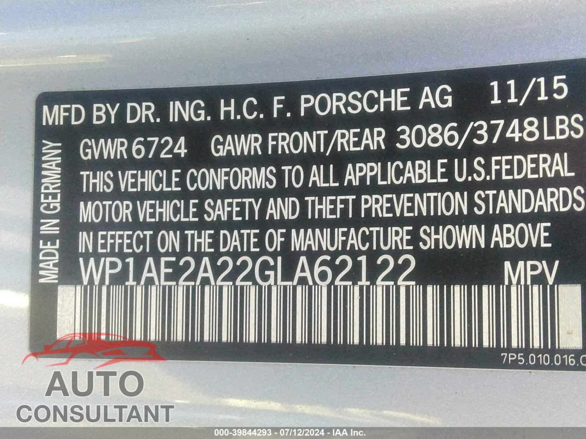 PORSCHE CAYENNE E-HYBRID 2016 - WP1AE2A22GLA62122