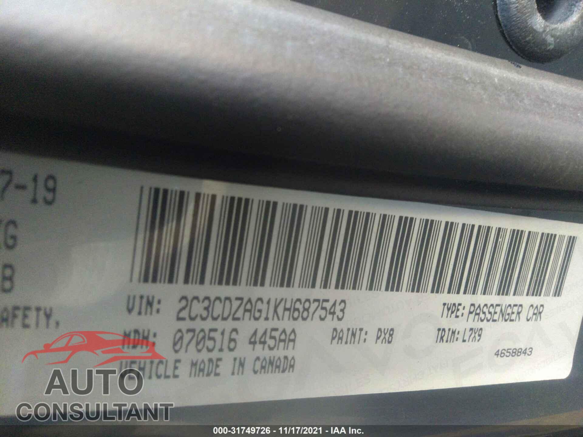 DODGE CHALLENGER 2019 - 2C3CDZAG1KH687543