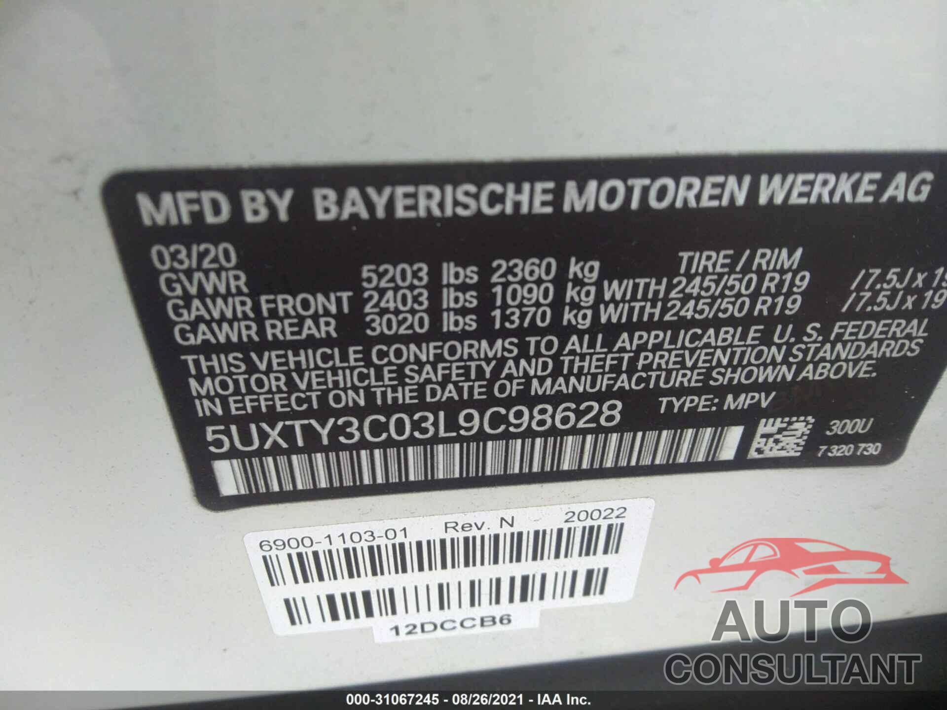 BMW X3 2020 - 5UXTY3C03L9C98628