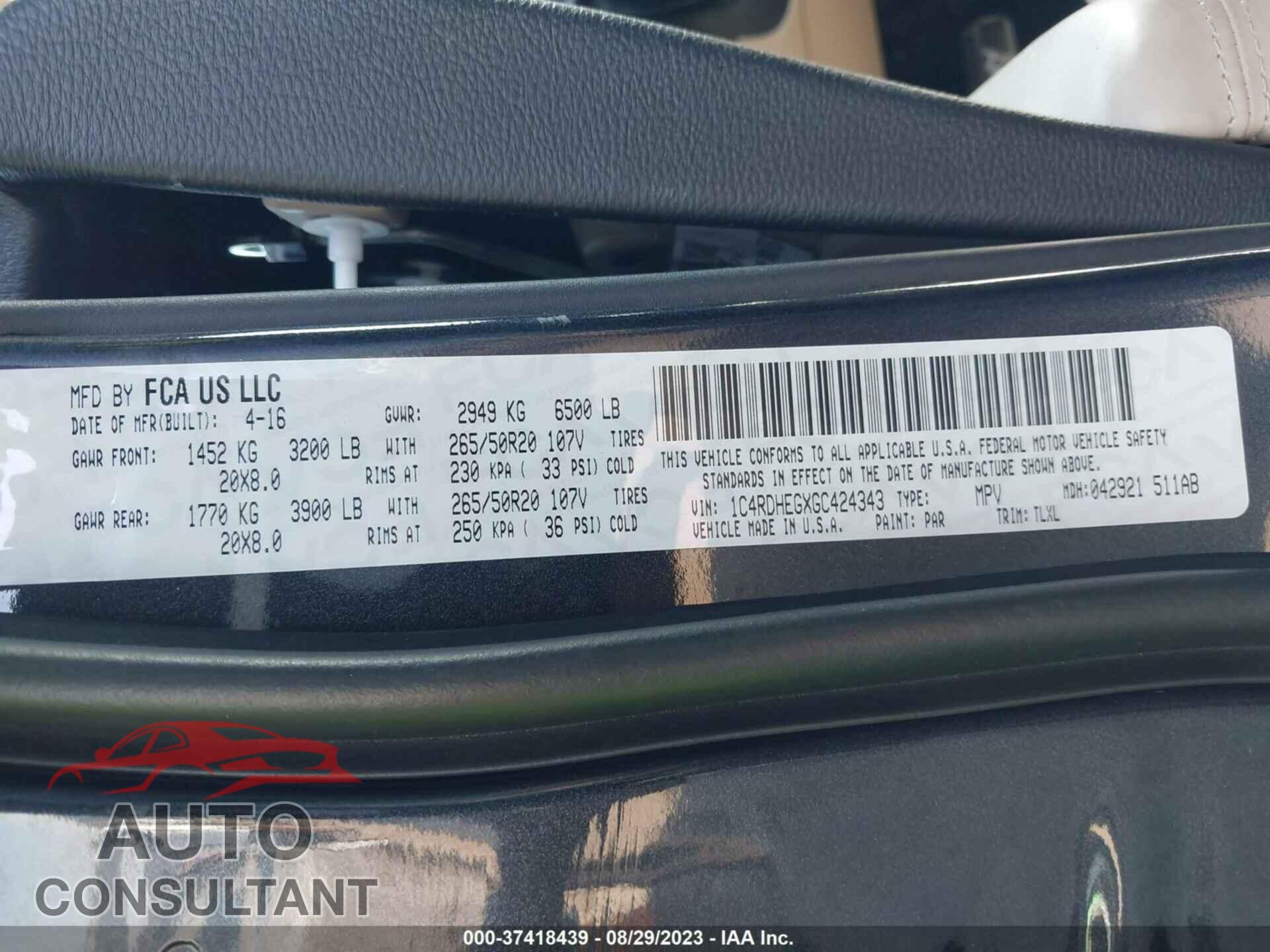 DODGE DURANGO 2016 - 1C4RDHEGXGC424343