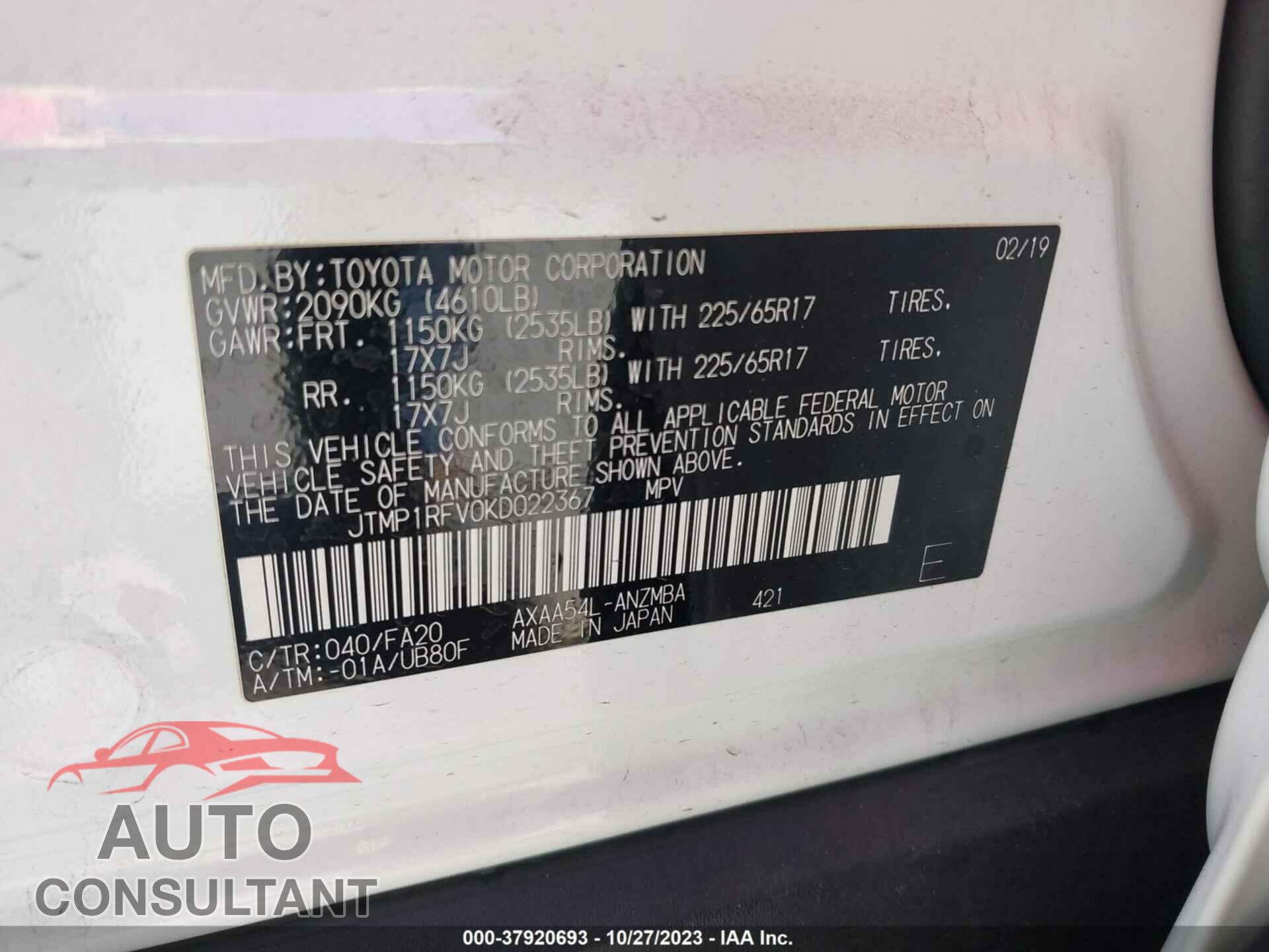TOYOTA RAV4 2019 - JTMP1RFV0KD022367
