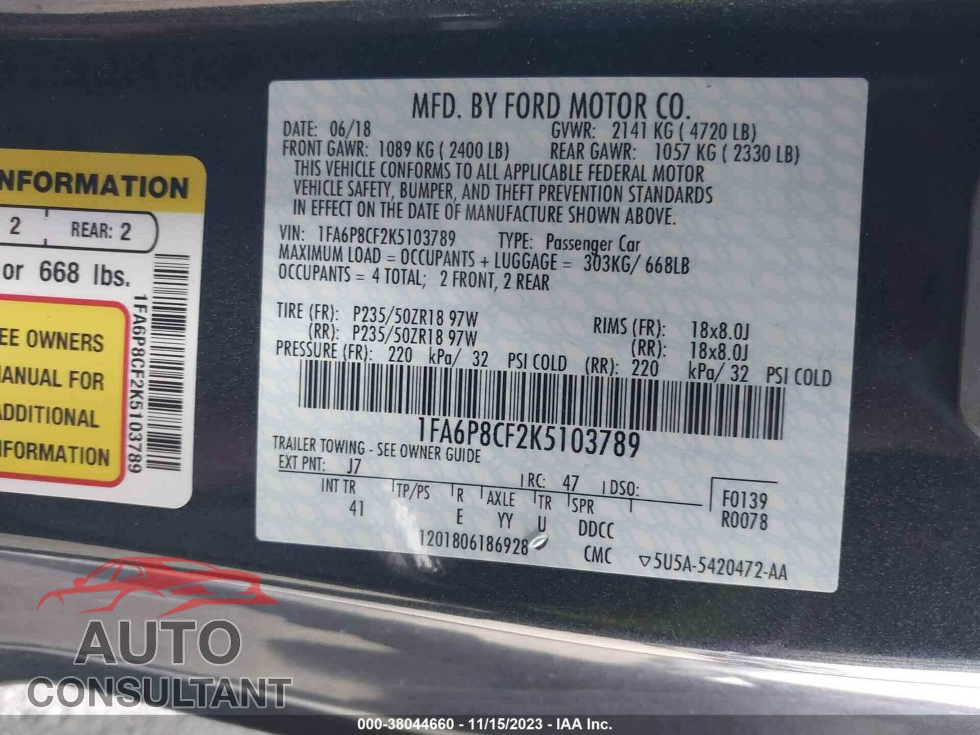 FORD MUSTANG 2019 - 1FA6P8CF2K5103789