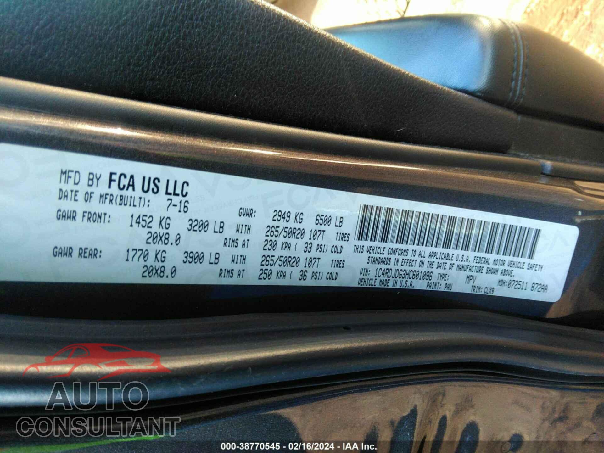 DODGE DURANGO 2017 - 1C4RDJDG3HC601096