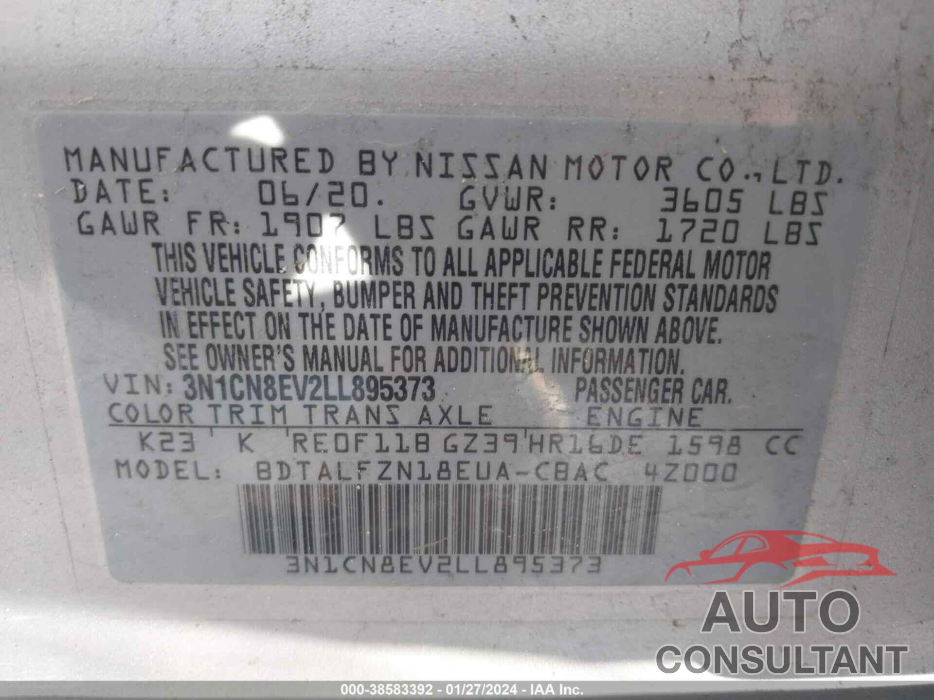 NISSAN VERSA 2020 - 3N1CN8EV2LL895373