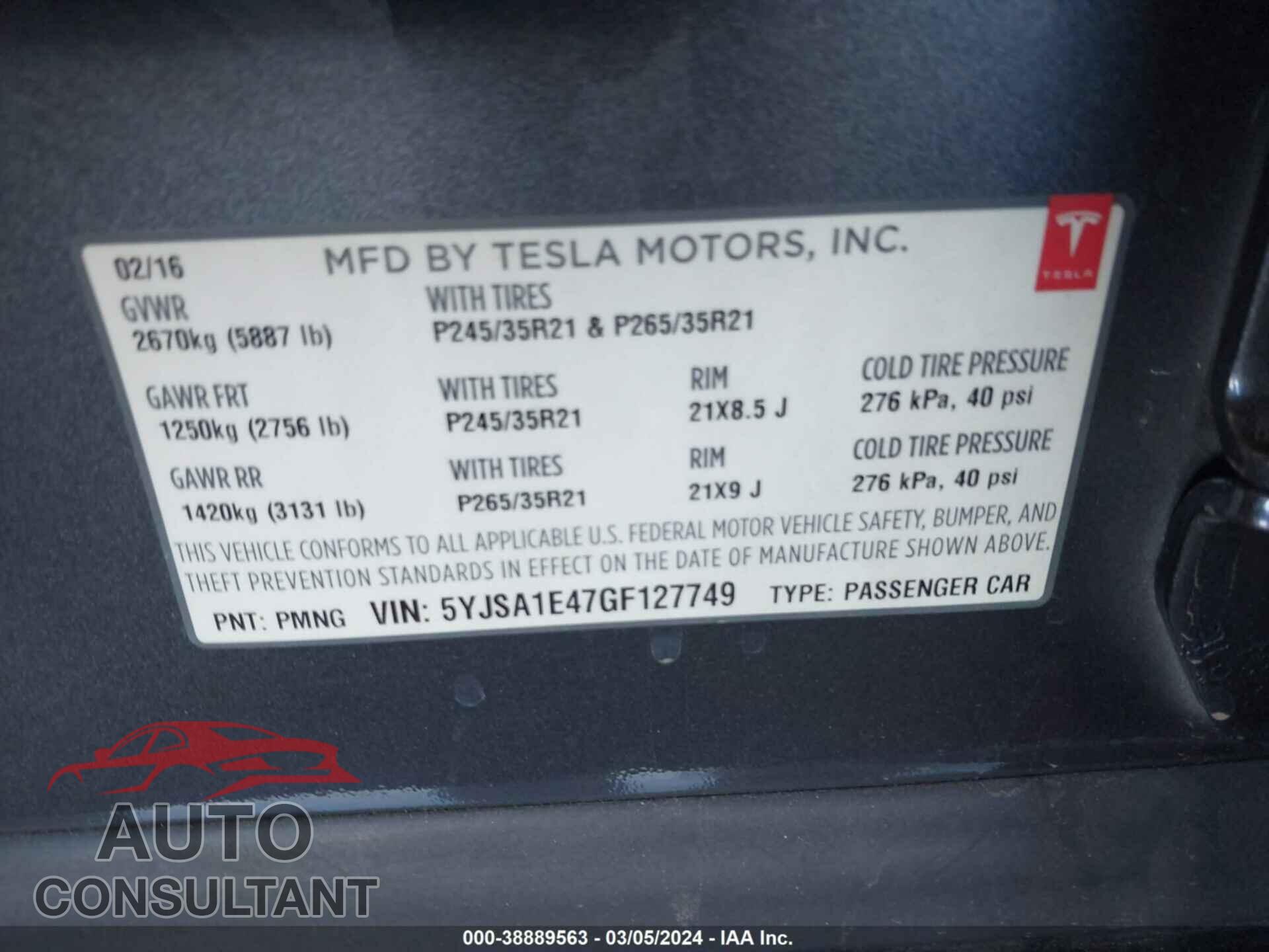TESLA MODEL S 2016 - 5YJSA1E47GF127749