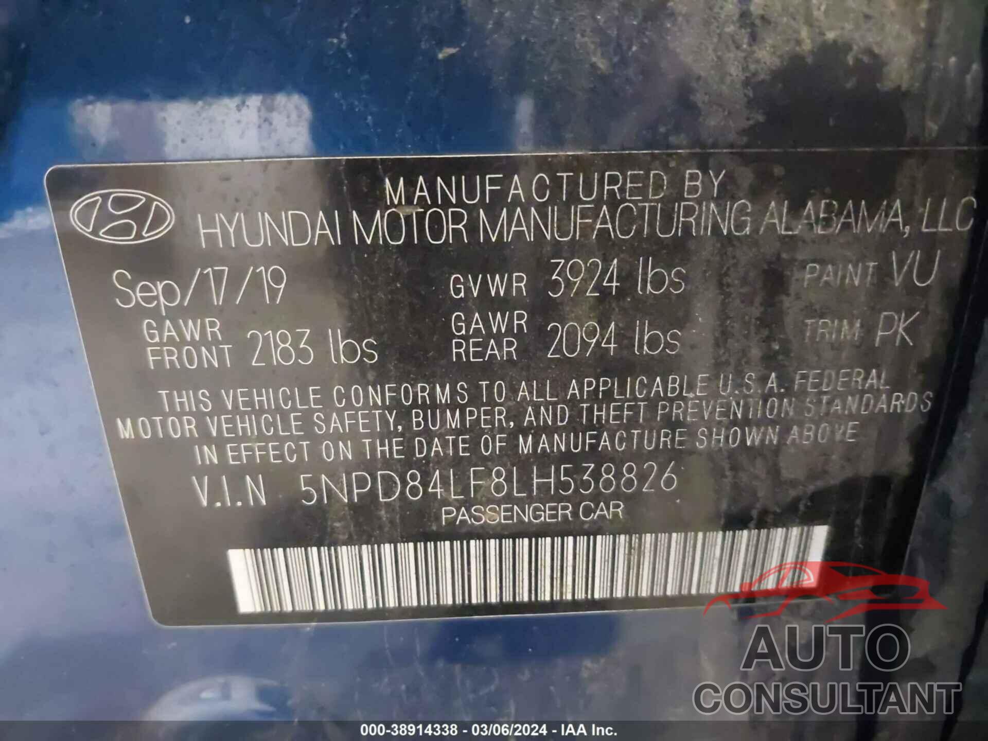 HYUNDAI ELANTRA 2020 - 5NPD84LF8LH538826