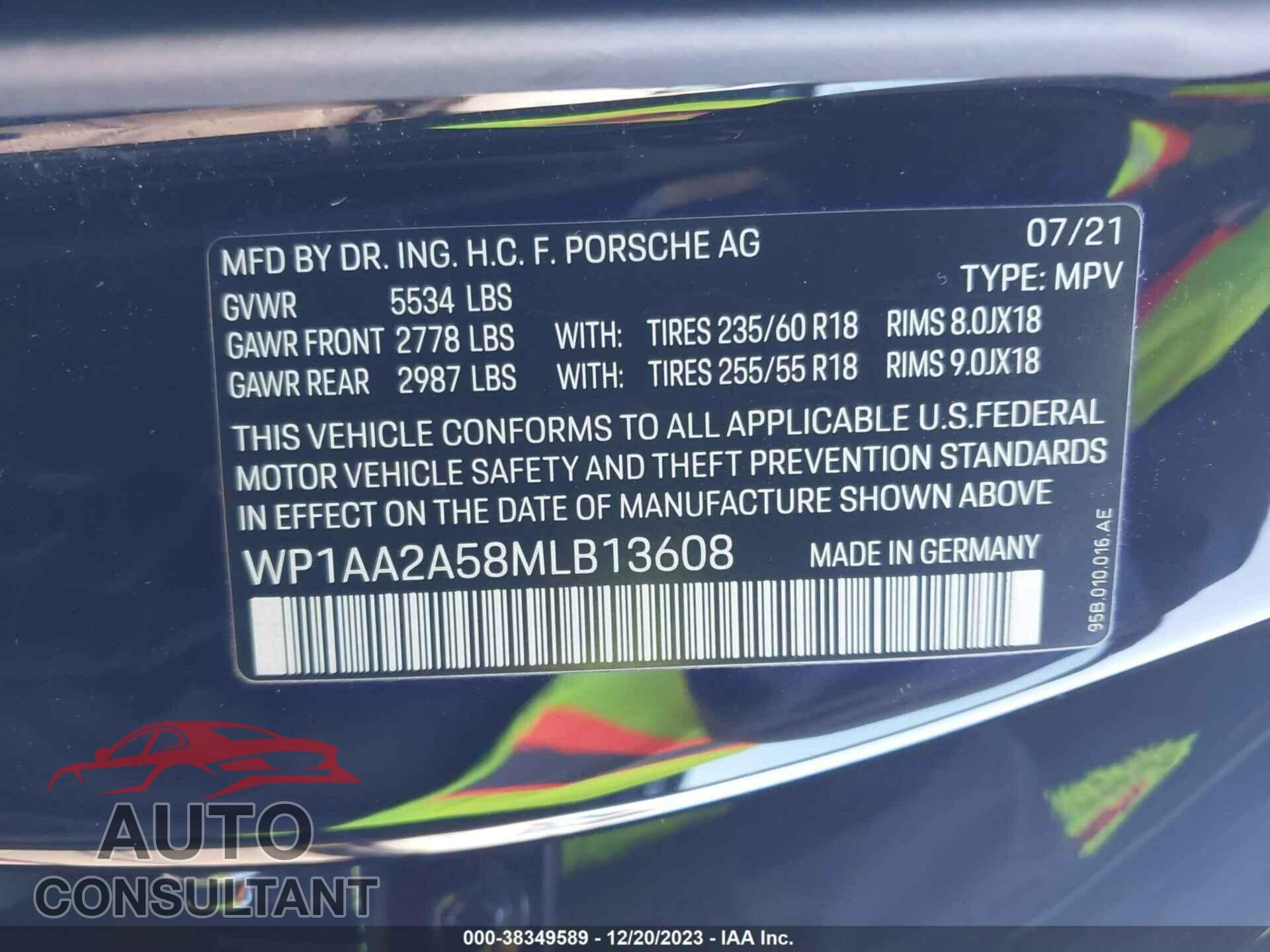 PORSCHE MACAN 2021 - WP1AA2A58MLB13608