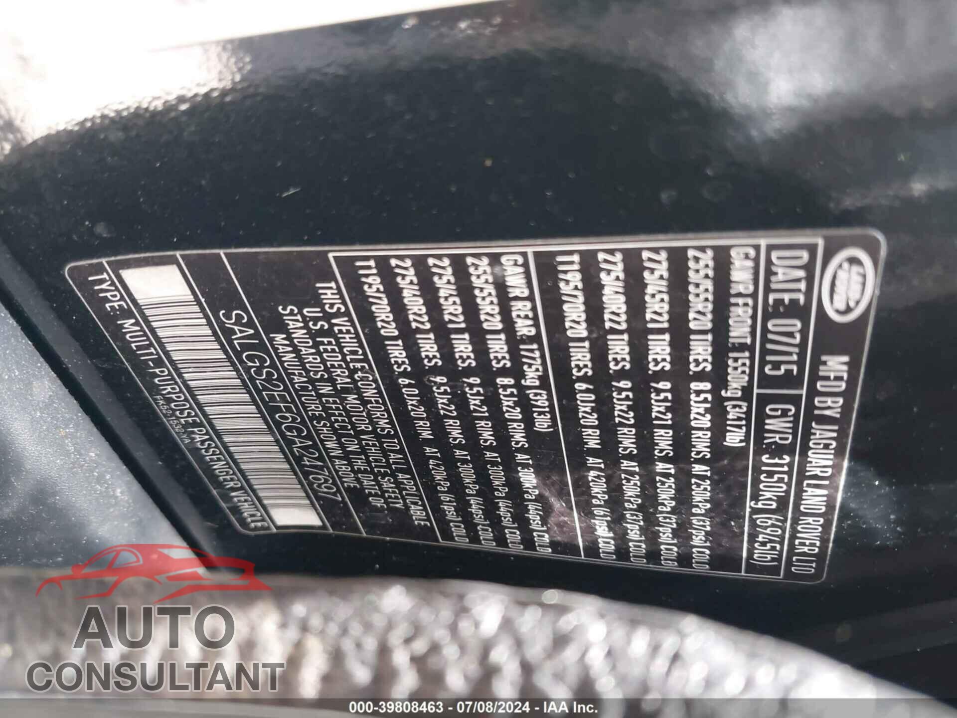 LAND ROVER RANGE ROVER 2016 - SALGS2EF6GA247697